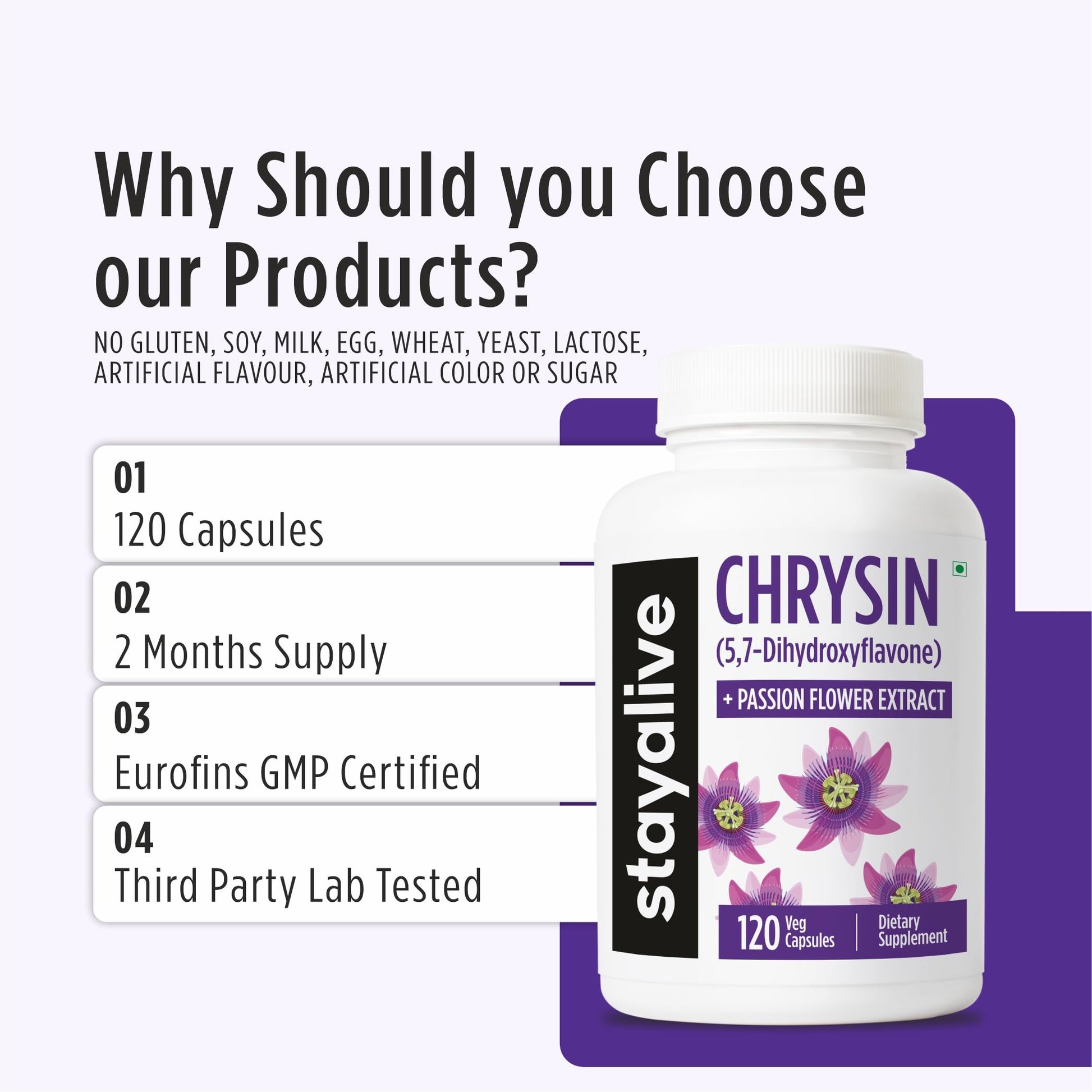 STAY ALIVE Chrysin Supplement 500mg & Passion Flower Extract Powder, 5,7-Dihydroxyflavone, Non-GMO and Gluten-Free Chrysin for Men and Women, 120 Capsules STAY ALIVEAu supplements