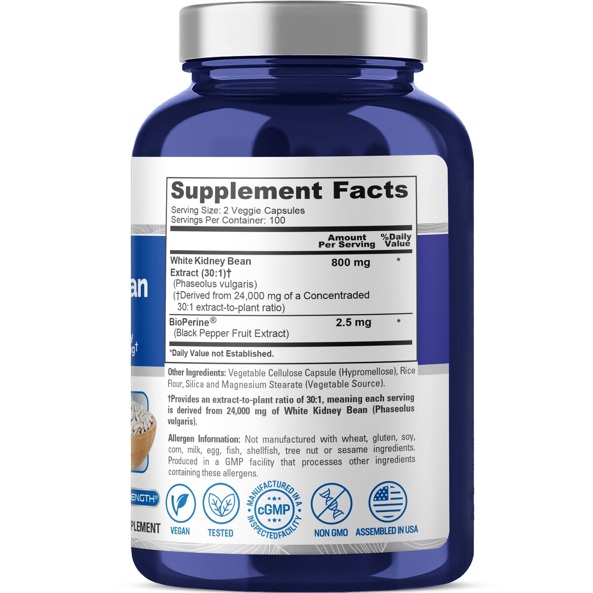 NusaPure White Kidney Beans 30:1 Extract, 800 mg Equivalent to 24,000 mg 200 Vegan Capsules - Bioperine - (Vegan, Non-GMO) NusaPureAu supplements