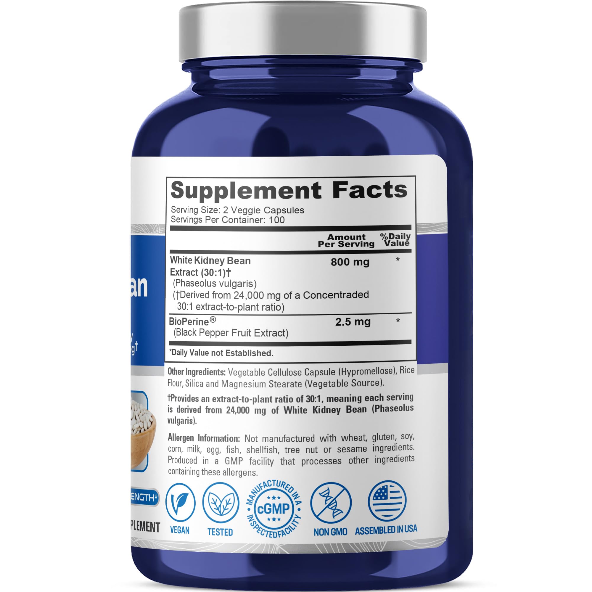 NusaPure White Kidney Beans 30:1 Extract, 800 mg Equivalent to 24,000 mg 200 Vegan Capsules - Bioperine - (Vegan, Non-GMO) NusaPureAu supplements