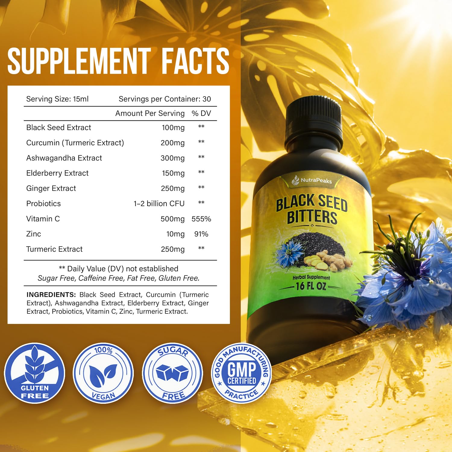 Black Seed Oil Bitters Liquid - Premium Herbal Blend with Black Seed Extract, Curcumin (Turmeric Extract), Ashwagandha, Elderberry, Probiotics, Vitamin C, Zinc...16 fl oz | Natural Botanical Blend NutraPeaksAu supplements