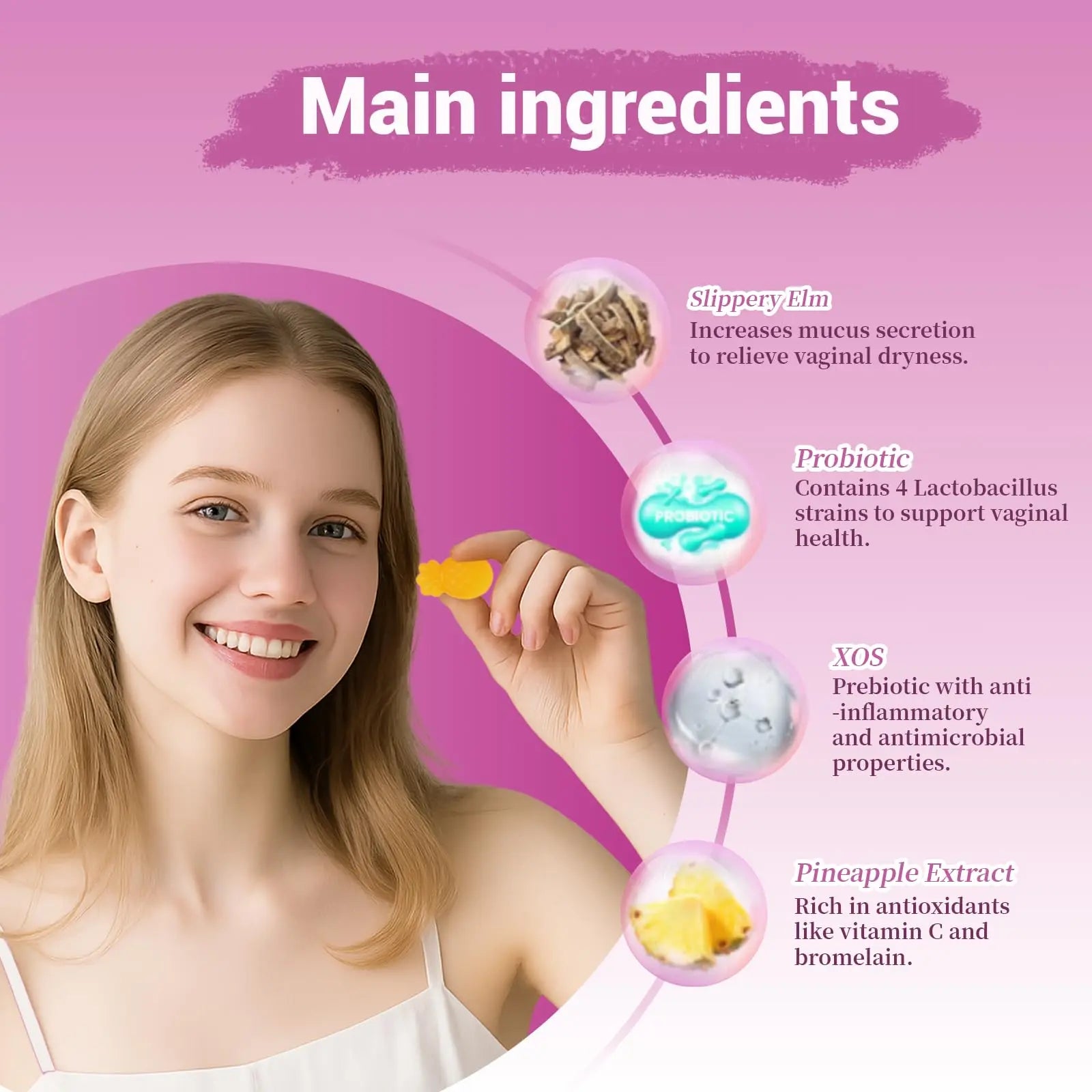 Lunivox Her Juicy Feminine Probiotics Gummies for Women, with Prebiotics & Slippery Elm - Promotes pH Balance, Gut Health & Immune Support - Pineapple Flavor, 60 Count Lunivoxnz supplements