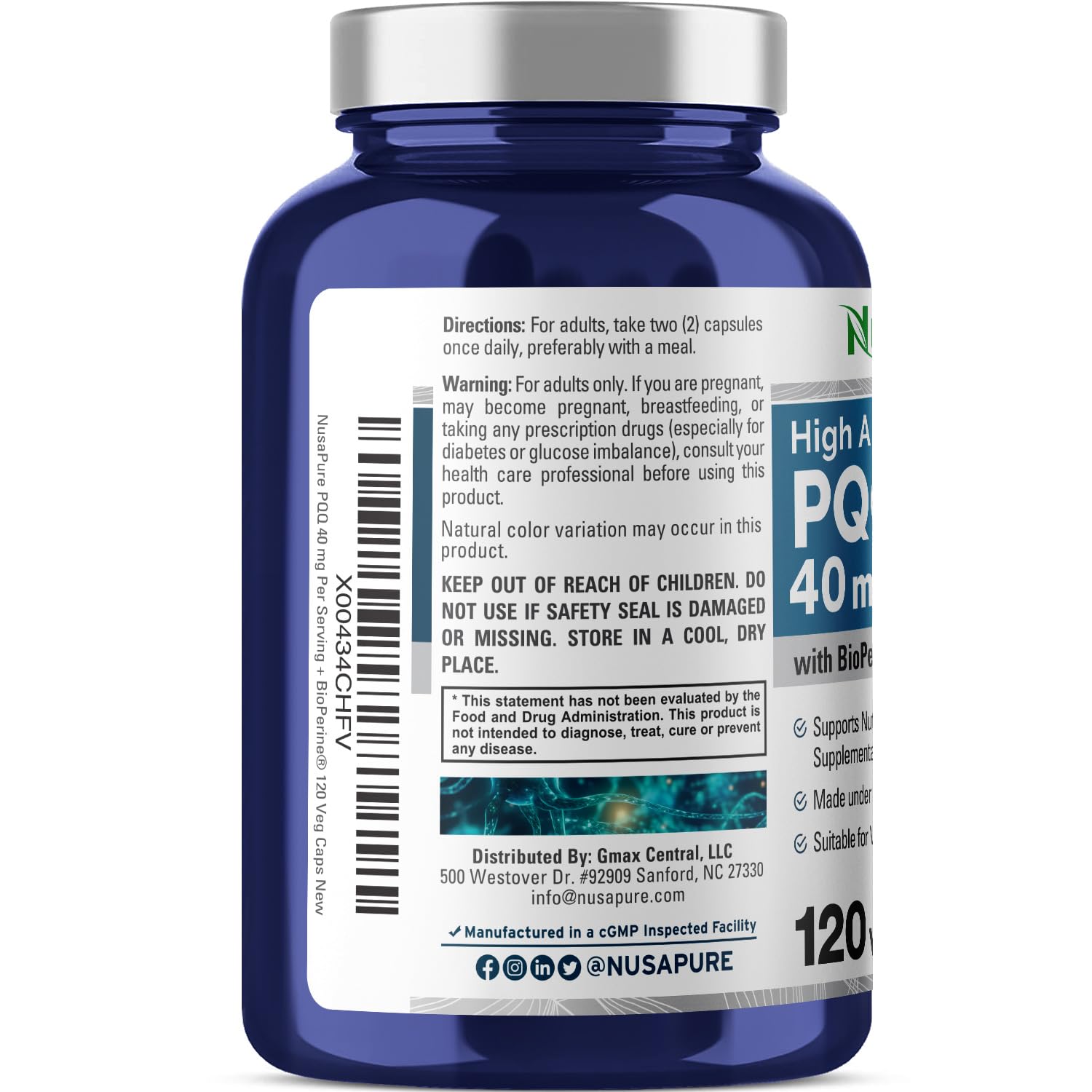 NusaPure PQQ Supplement 40 mg, 120 Veggie Capsules, Non-GMO, Pyrroloquinoline Quinone Disodium Salt, Bioperine & Vegan NusaPureAu supplements