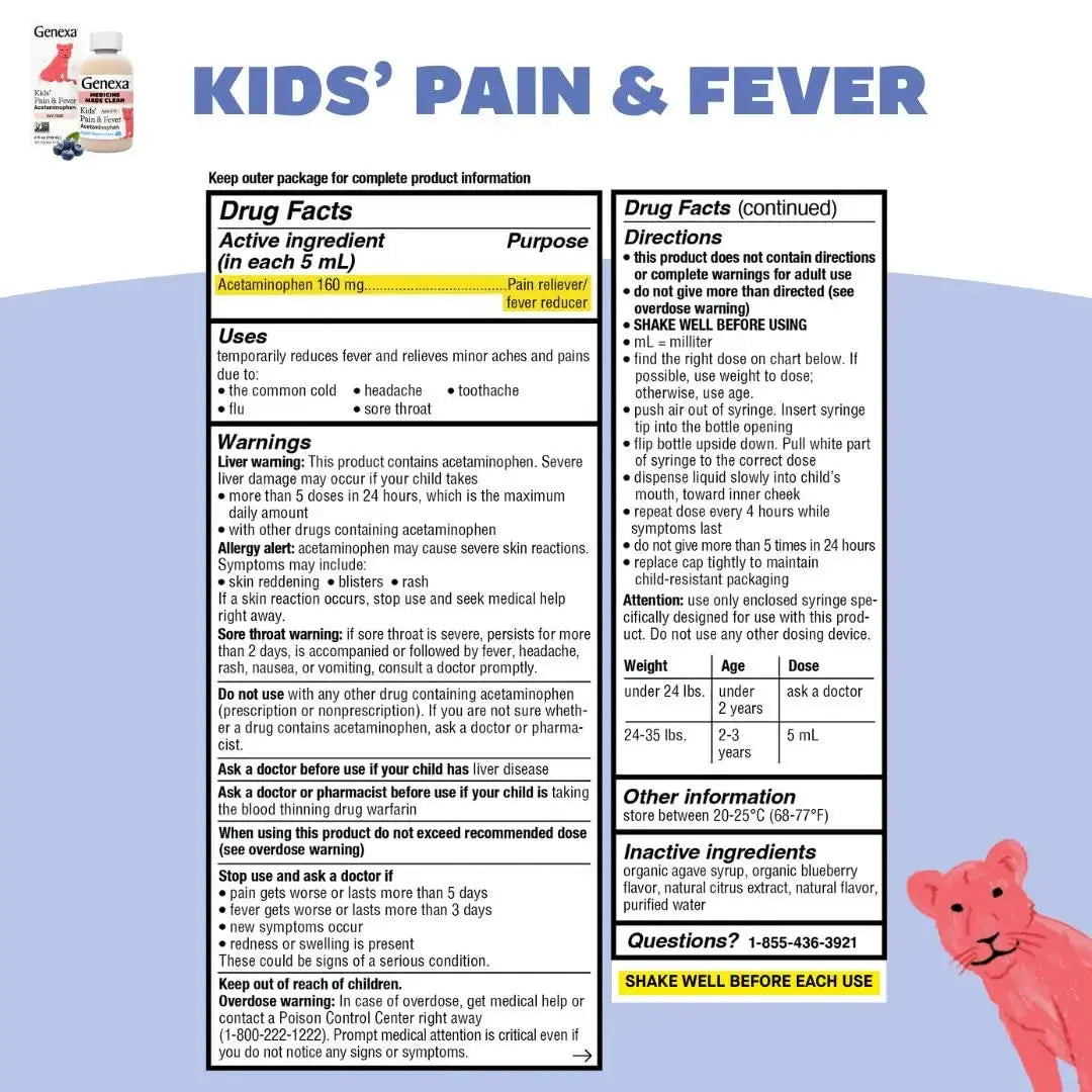 Genexa Kids' Clean Pain & Fever Acetaminophen Bundle | Relieves Fever & Minor Aches and Pain | Dye Free, 0% Artificial Additives | Chewable Tablets & Liquid Oral Suspension for Children Aged 2-11 GenexaAu supplements
