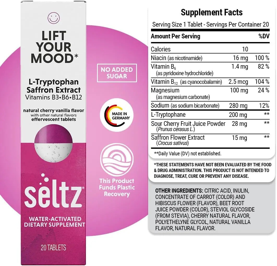 Seltz® Lift Your Mood – Effervescent Vitamins for Mood Support & Energy with L-Tryptophan, Saffron Extract & B Vitamins (B3, B6, B12) SeltzAu supplements