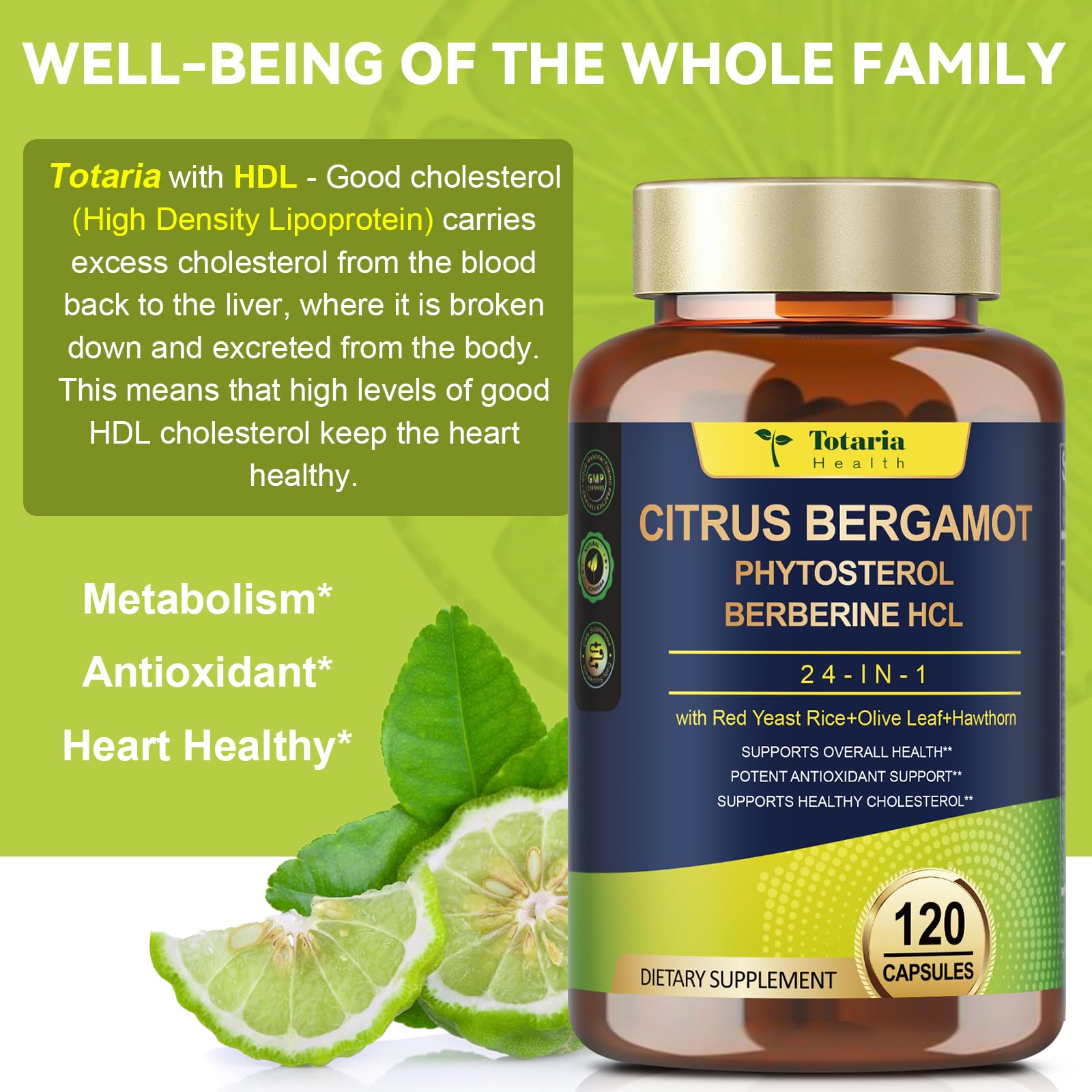 Citrus Bergamot Supplement for High Cholesterol - Italian Citrus Bergamot & Plant Sterols Stanols Natural Way to Balance Cholesterol Level, Cholesterol Lowering Supplements, Vegan, Non-GMO, 120 Counts TotariaAu supplements