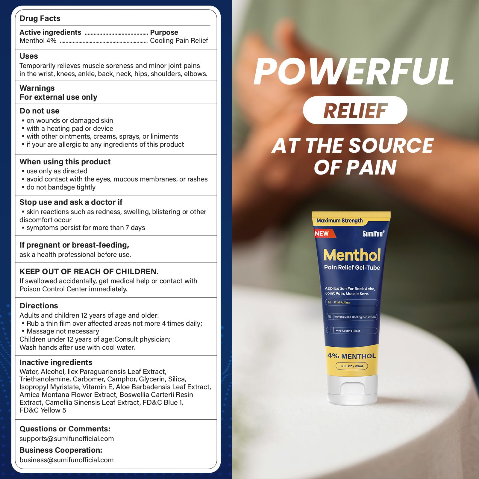 Sumifun Menthol Pain Relief Gel-Tube-3 FL OZ Tube (Pack of 1)- for Knee & Lower Back Pain Relief, Sore Muscle Relief, Neck Pain Relief, Shoulder Pain Relief SumifunAu supplements