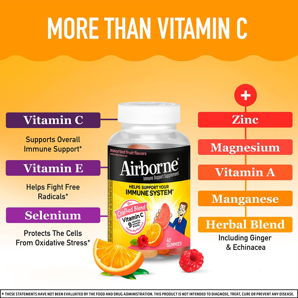 Airborne 750mg Vitamin C Immune Support Supplement Gummies for Adults, Assorted Fruit Flavor, Gluten Free Crafted Blend with Powerful Antioxidants Vitamins A C & E, 42 Gummies (2 Pack) AirborneAu supplements