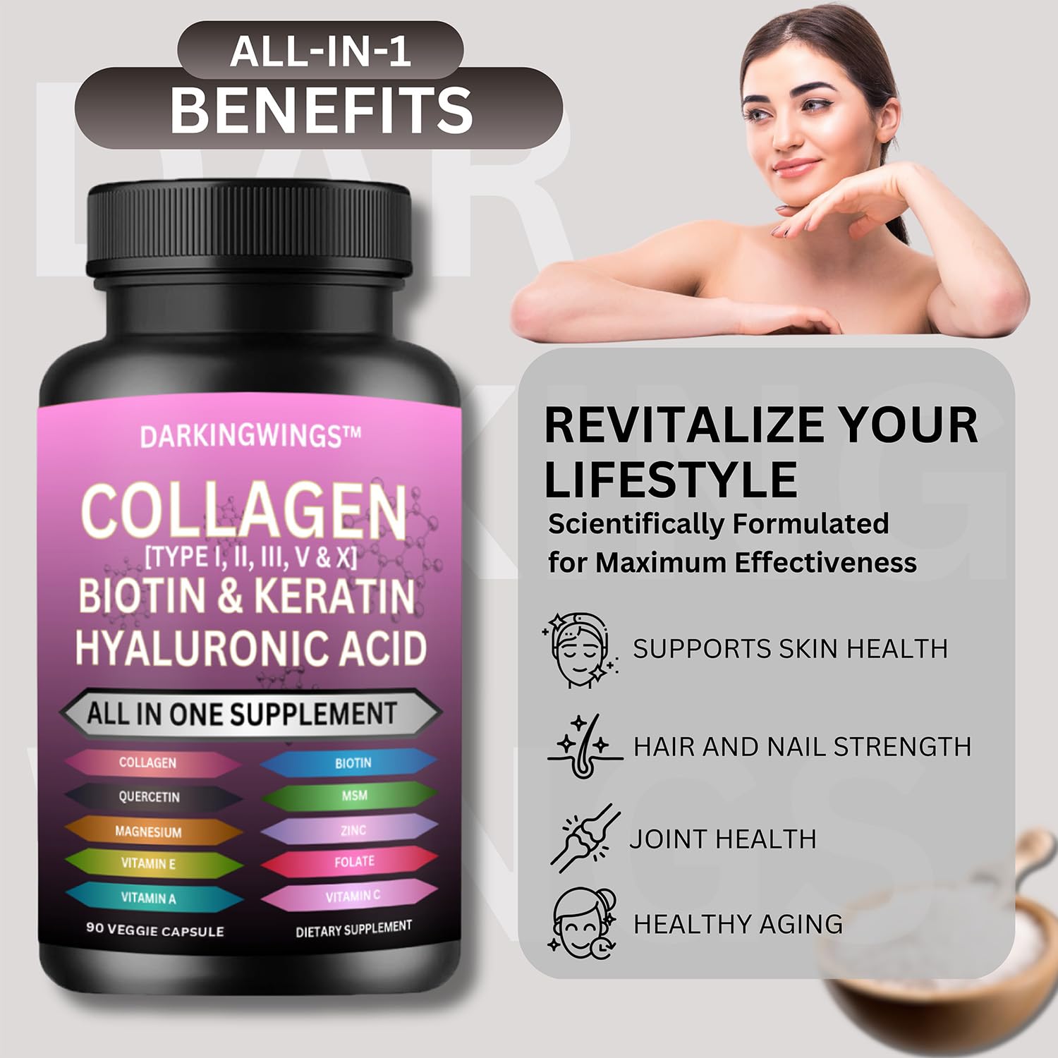 Multi Collagen Pills Peptides Types I, II, III, V & X MCG Biotin Keratin Hyaluronic Acid MSM Vitamin C Zinc Magnesium with Grape Seed Extract, Quercetin - Hair Skin and Nails Vitamins Capsule DarkingwingsAu supplements