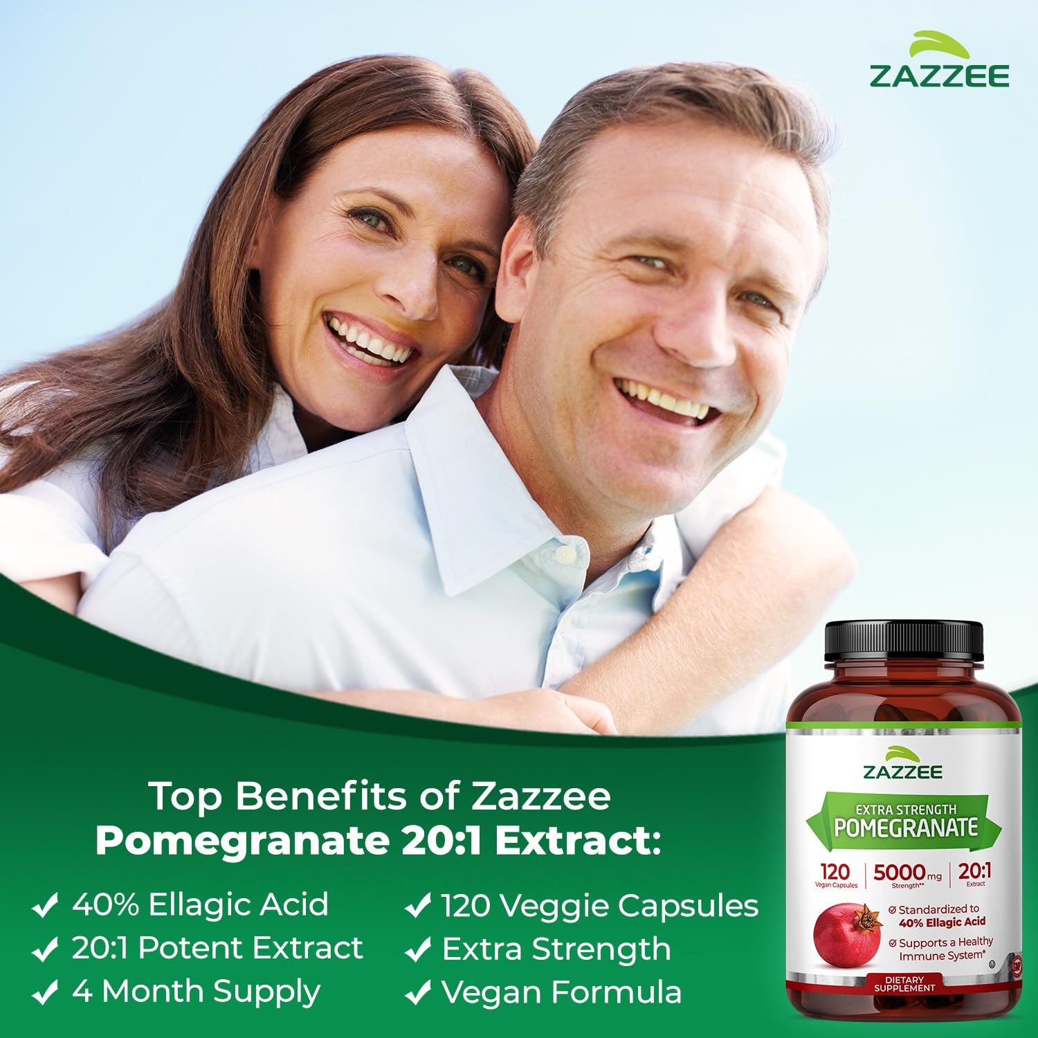 Zazzee Extra Strength Pomegranate 20:1 Extract, 40% Ellagic Acid, 120 Vegan Capsules, 4 Month Supply, Punica Granatum, Antioxidant & Cellular Health Support, Non-GMO, Made in the USA ZazzeeAu supplements