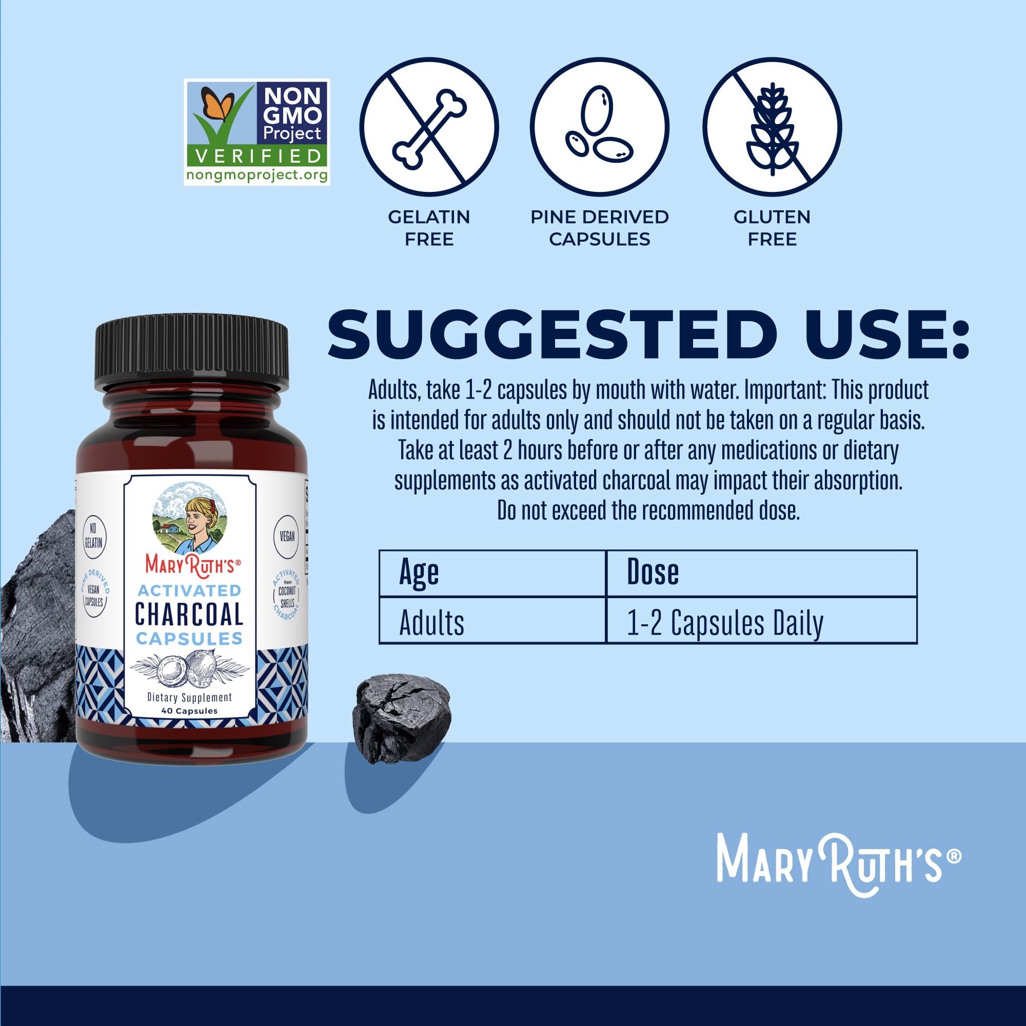 MaryRuth Organics Activated Charcoal Capsules | Substance Adsorption | Derived from Coconut Shells | Vegan Capsules from Pine Trees | Non-GMO | Gluten Free | 40 Count MARYRUTH'SUS supplements