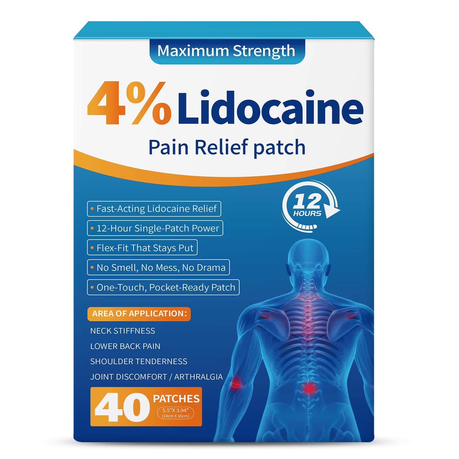 LOVPTFER 4% Lidocaine Pain Relief Patches – Maximum Strength Pain Patches, 12-Hour Long-Lasting Relief for Back, Neck, Shoulder & Joint Pain, Fast-Acting,–40 Count, 5.5” x 3.94” LOVPTFERAu supplements