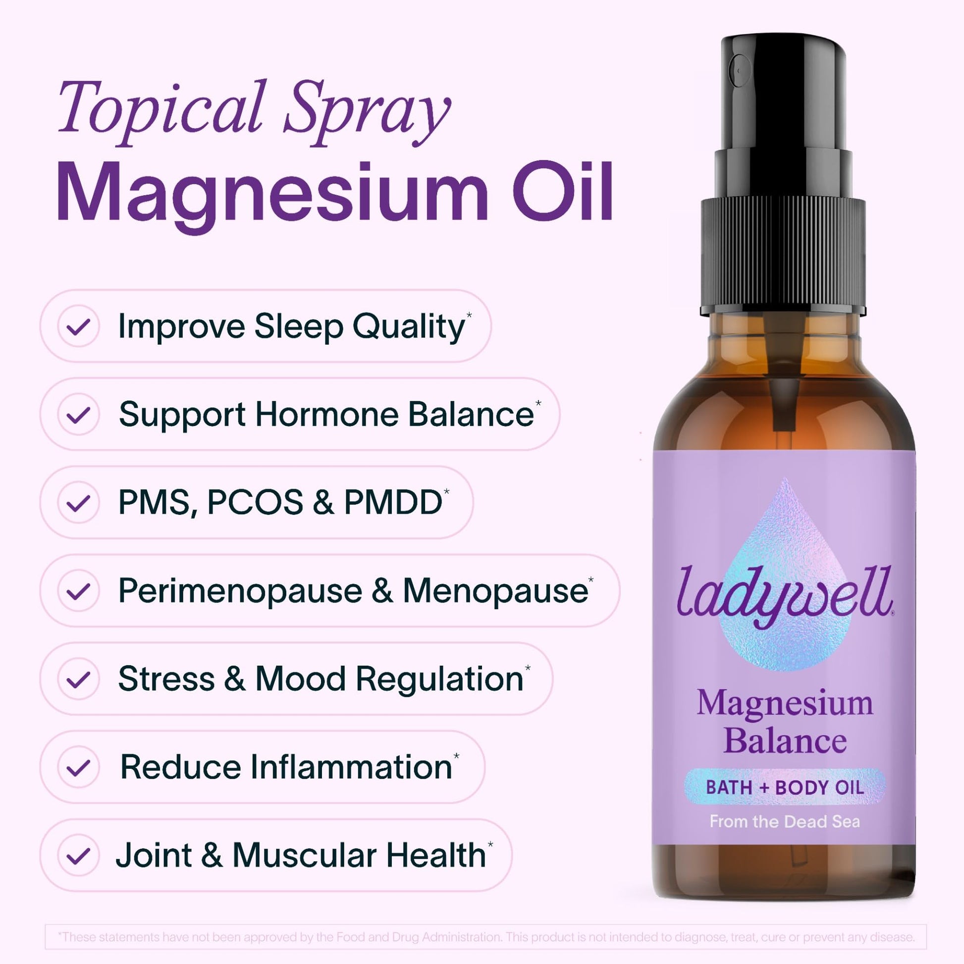 Ladywell Topical Magnesium Oil Spray | Mood, Cycle & Stress Support | PMS, PCOS, Fertility, Menopause, Hormone Balance, Cramps | Pure Magnesium Chloride, Science-Backed | Rapid Skin Absorption LadywellAu supplements