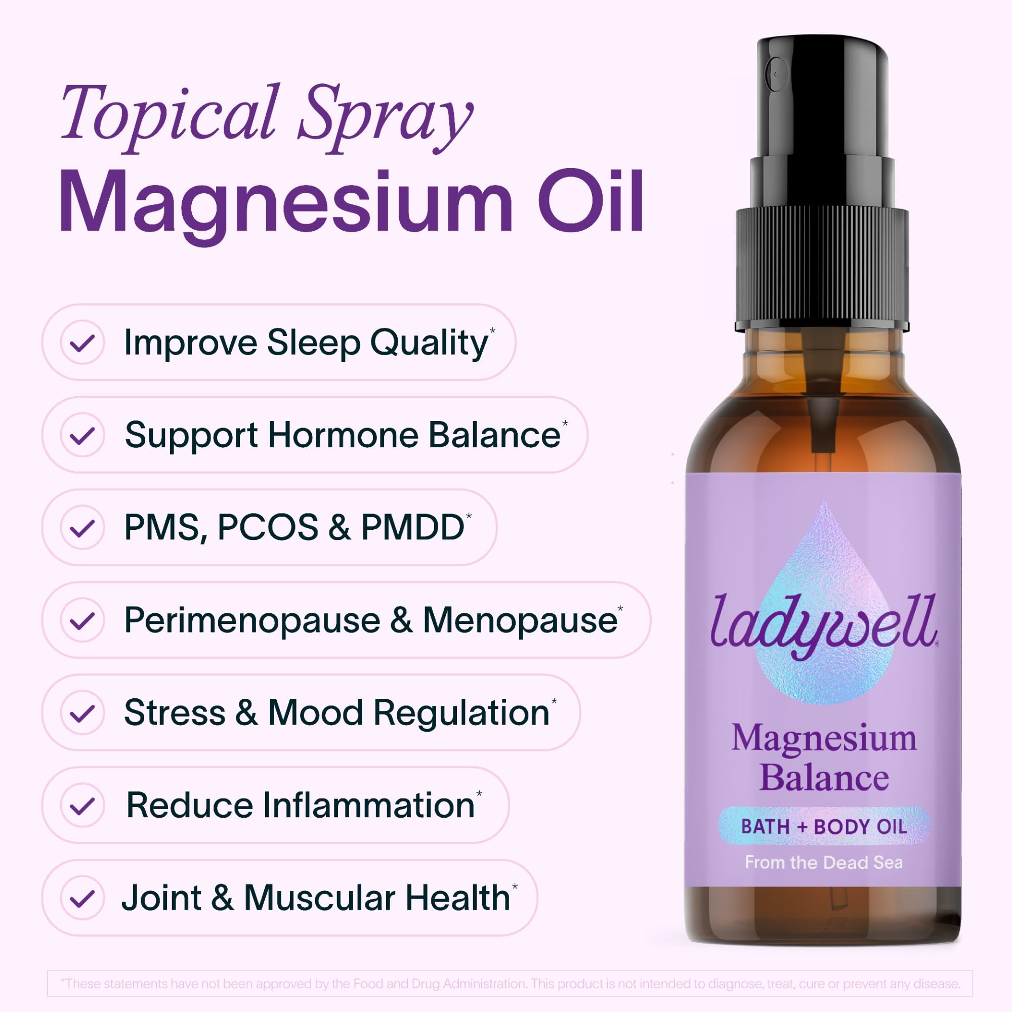 Ladywell Topical Magnesium Oil Spray | Mood, Cycle & Stress Support | PMS, PCOS, Fertility, Menopause, Hormone Balance, Cramps | Pure Magnesium Chloride, Science-Backed | Rapid Skin Absorption LadywellAu supplements