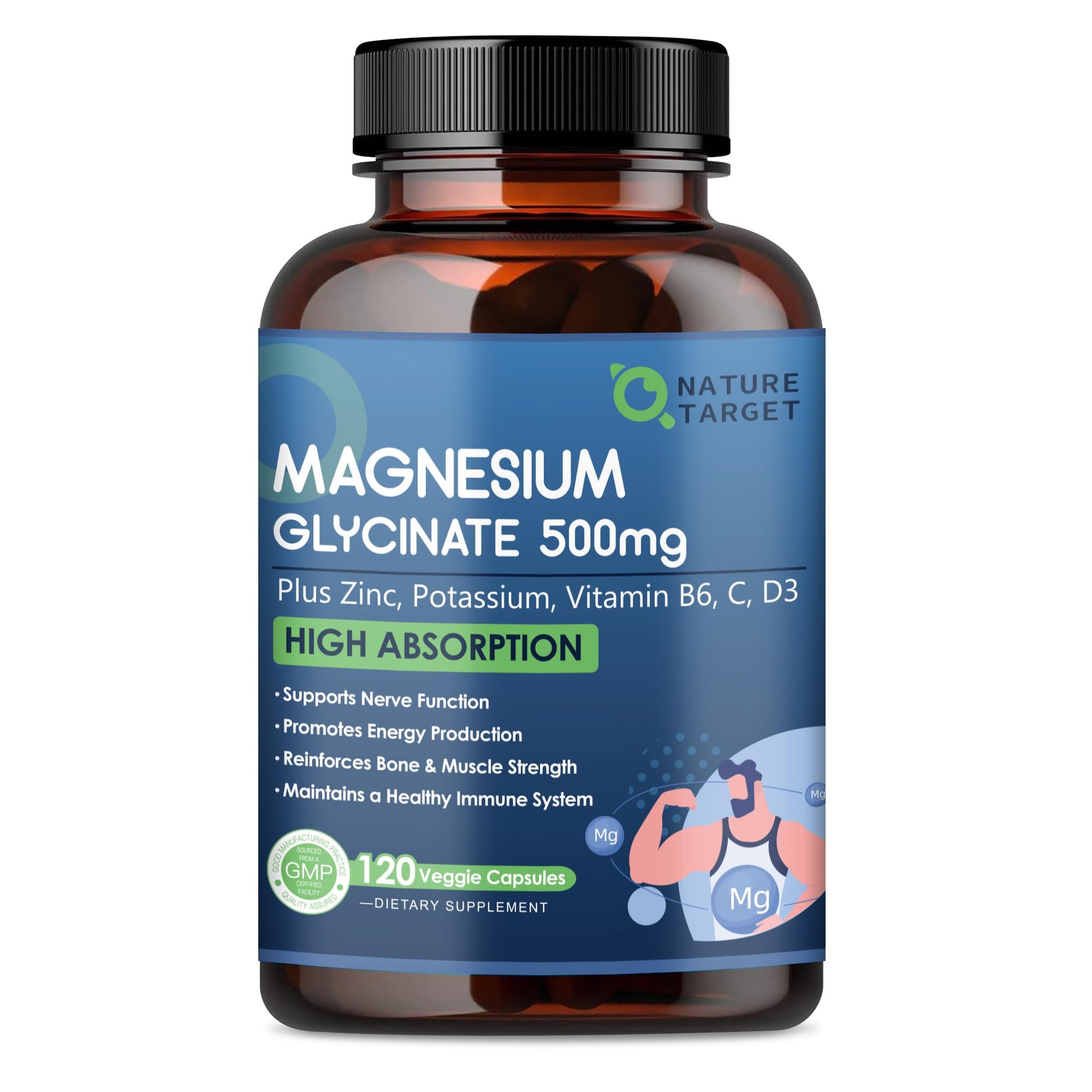 NATURE TARGET Magnesium Glycinate 500mg, Chelated Magnesium with Zinc & Vitamin D3 for Muscle, Nerve & Bone, Support Heart Health & Leg Cramp, Strength Immune System - 120 Capsules NATURE TARGETAu supplements