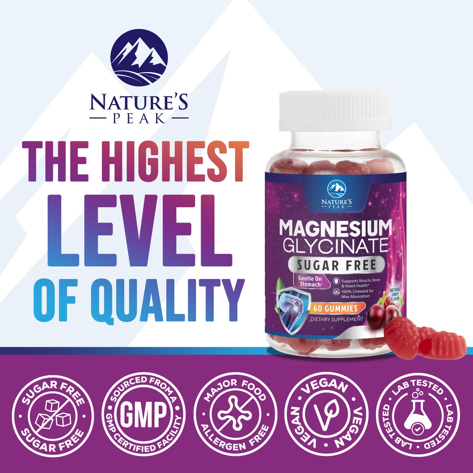 Magnesium Glycinate Gummies - Sugar Free - 100% Chelated Magnesium Gummy Supplement for Max Absorption - for Sleep Support & Heart, Muscle & Bone Health - Gentle on Stomach, Grape Flavor - 60 Gummies Nature's PeakAu supplements