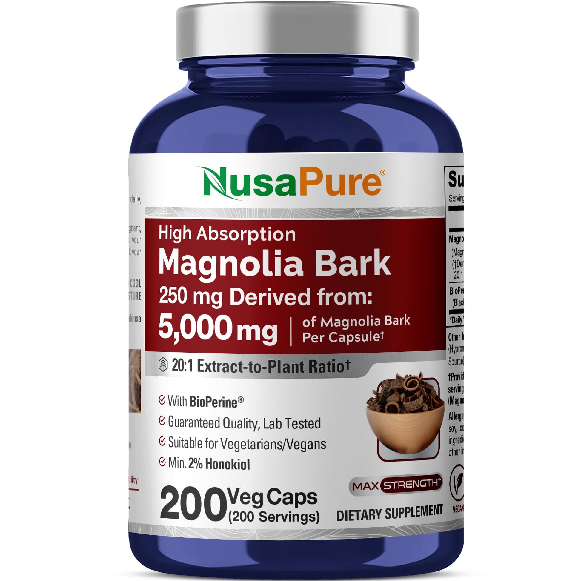NusaPure Magnolia Bark 20:1 Extract, 250 mg Equivalent to 5,000 mg 200 Vegan Vegetarian Capsules Non-GMO NusaPureAu supplements