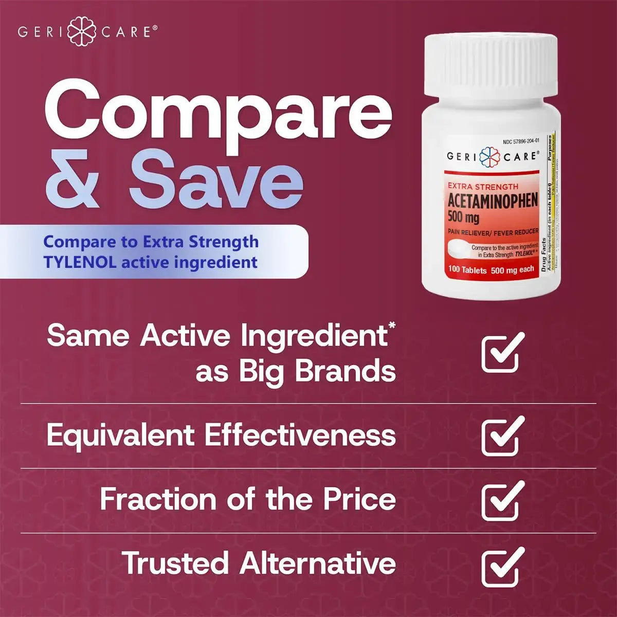 GeriCare Extra Strength Acetaminophen Pain Relief Fever Reducer Tablets, Strength 500mg Tablet | Joint, Muscle, Arthritis, Back Pain, Body Pain Relief, 100 Count (Pack of 2) GeriCareAu supplements