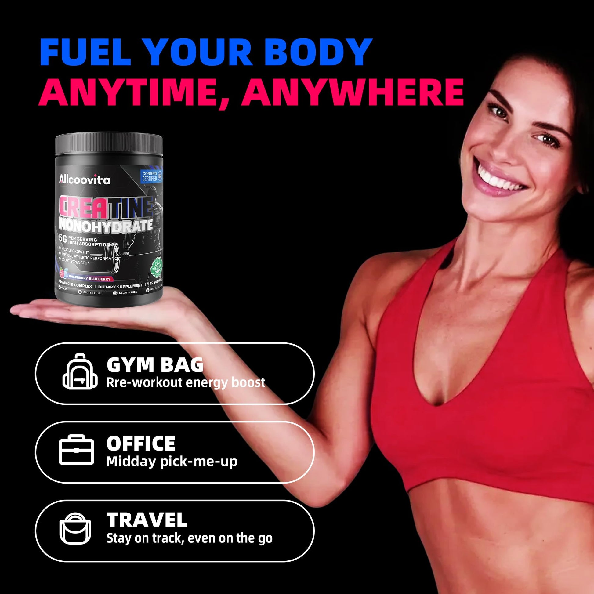 NSF Certified Creatine Gummy 5g - Creatine Monohydrate Gummies for Men & Women. Boost Focus,Strength, and Endurance, Anti-Melting Formula, Vegan, Gluten-Free, Non-GMO,(Raspberry & Blueberry 135 ct) AllcoovitaAu supplements