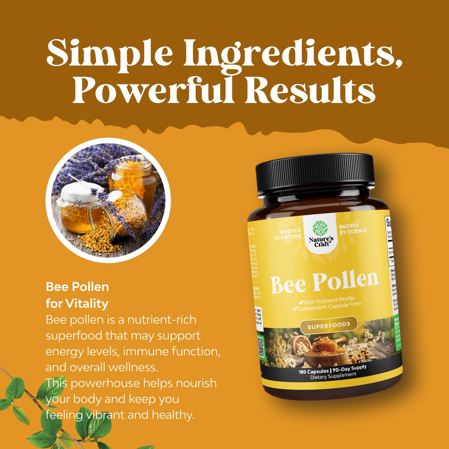 Bee Pollen Pills for Breast Growth 180 Ct - Bee Pollen Supplement 1000mg Serving with Naturally Occurring B Vitamins Minerals & Enzymes - Breast Support Supplement - Vegetarian Non-GMO & Gluten Free Natures CraftAu supplements