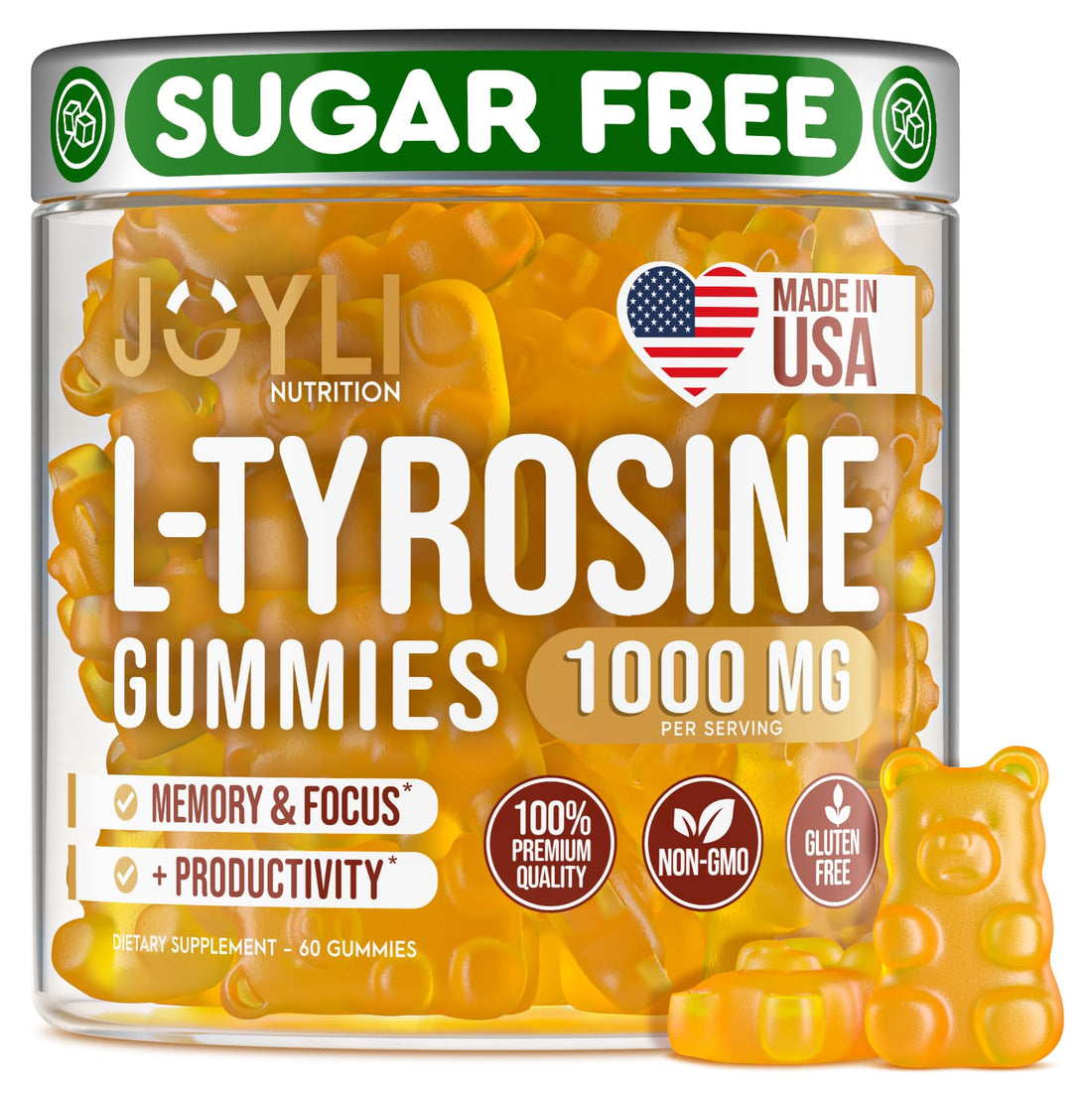 Joyli L Tyrosine Gummies 1000MG - L-Tyrosine Supplement for Kids & Adults - Calm & Focus Gummies for Brain, Memory, Mood, and Energy - 500mg L- Tyrosine Powder per Gummy - Vegan, Gluten-Free JOYLI NutritionUS supplements
