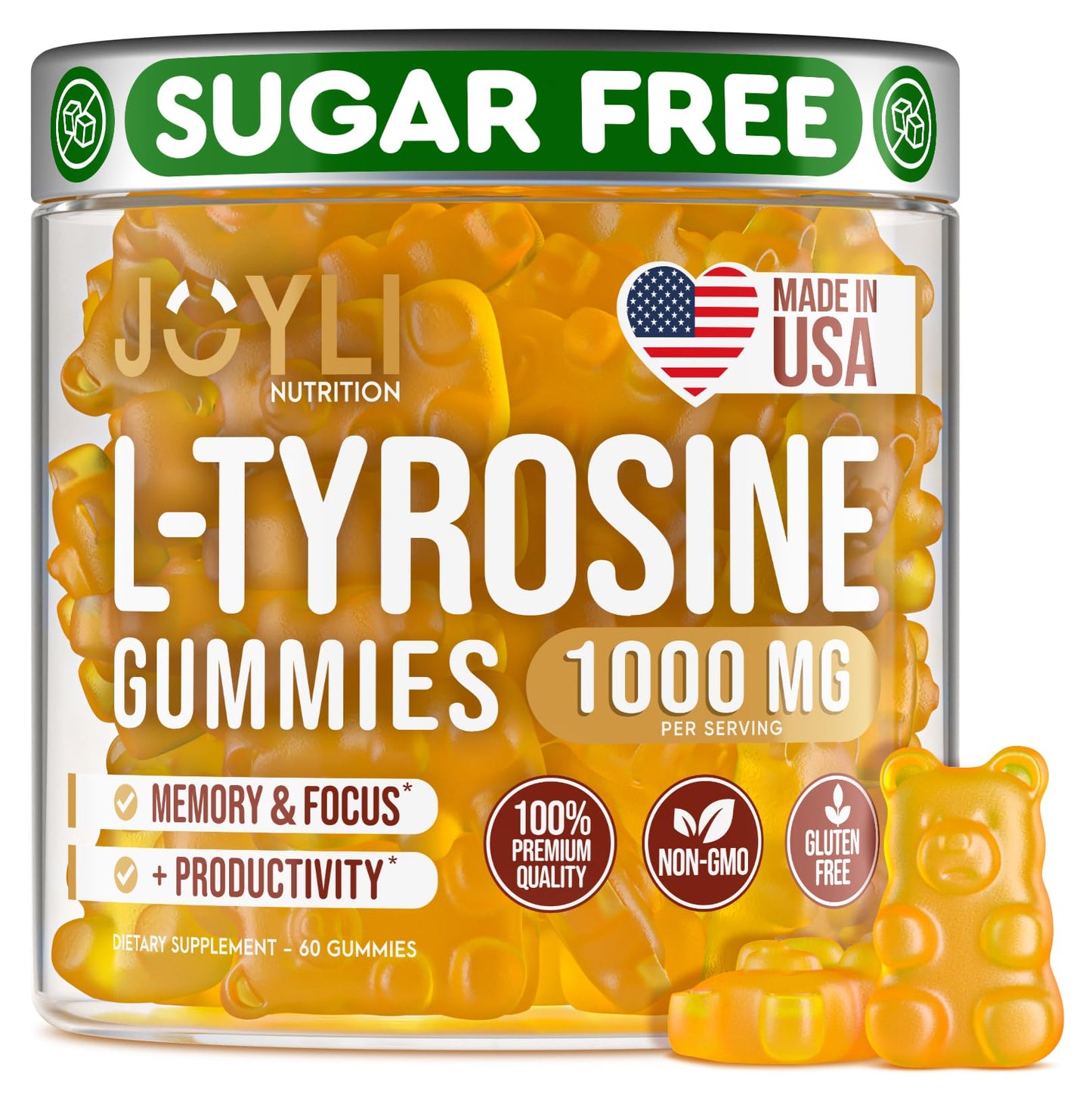 Joyli L Tyrosine Gummies 1000MG - L-Tyrosine Supplement for Kids & Adults - Calm & Focus Gummies for Brain, Memory, Mood, and Energy - 500mg L- Tyrosine Powder per Gummy - Vegan, Gluten-Free JOYLI NutritionUS supplements