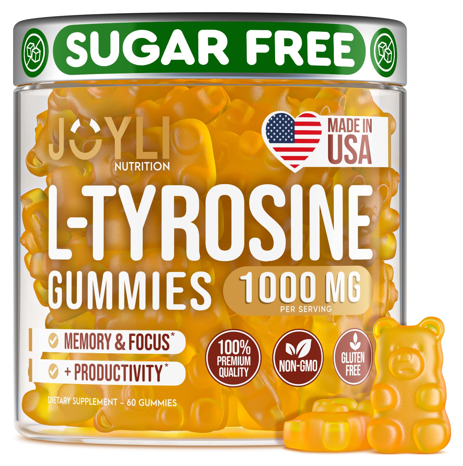Joyli L Tyrosine Gummies 1000MG - L-Tyrosine Supplement for Kids & Adults - Calm & Focus Gummies for Brain, Memory, Mood, and Energy - 500mg L- Tyrosine Powder per Gummy - Vegan, Gluten-Free JOYLI NutritionUS supplements