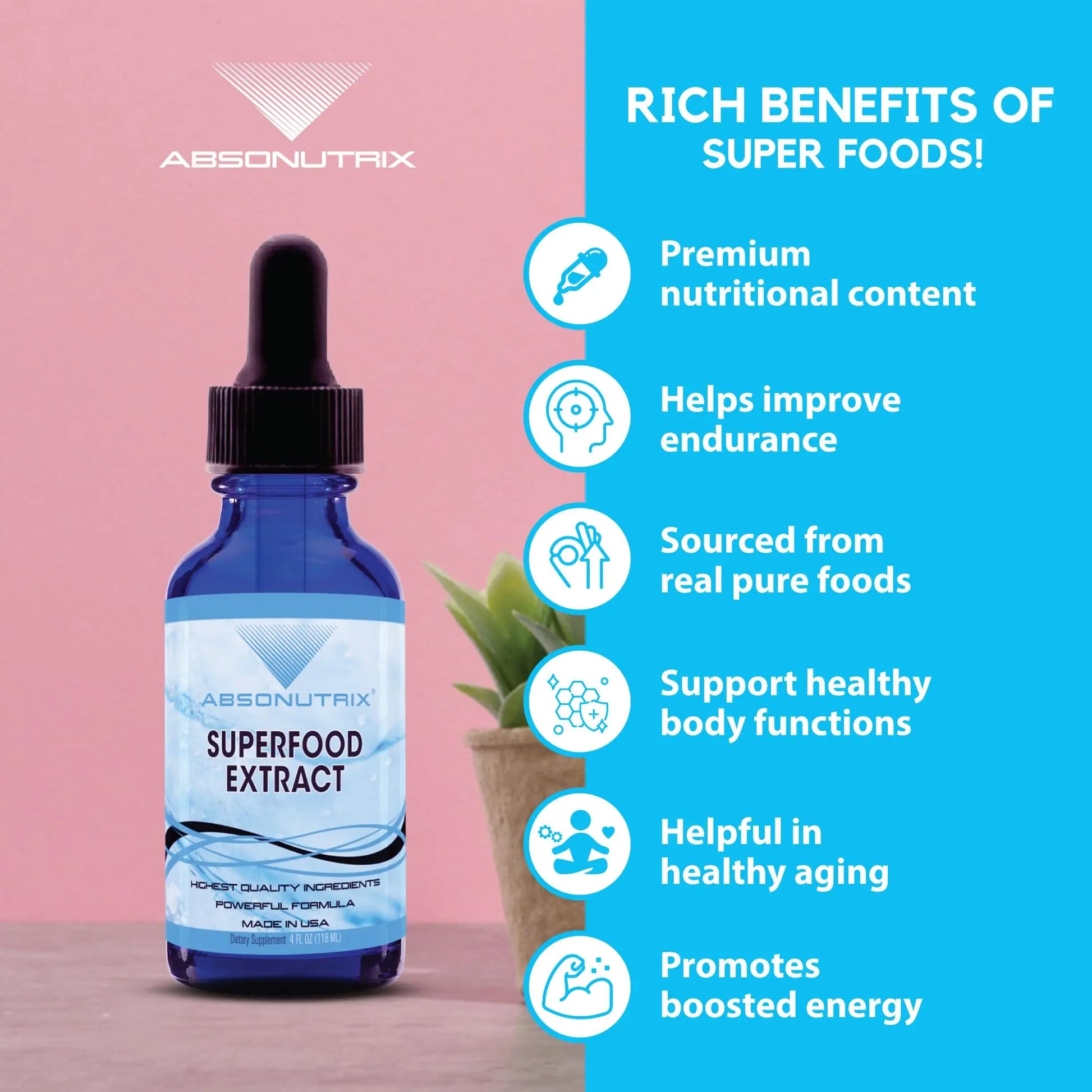 Absonutrix Superfood Extract 390 mg, 4 Oz Liquid, 302 Servings, Made in USA, Quick Absorption, Quality Potent Ingredients, Non-GMO, GMP Certified, Cruelty-Free Products Absonutrixnz supplements