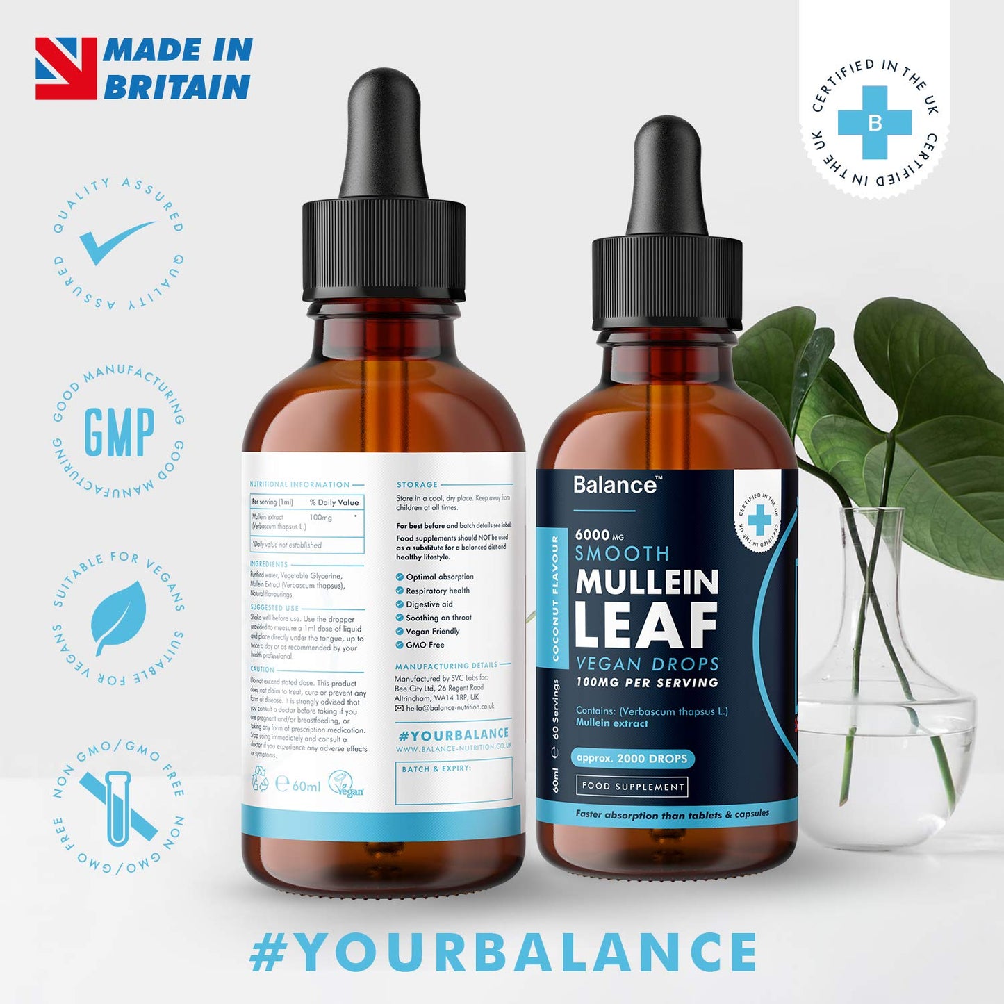 Balance Mullein Leaf Liquid Drops - 60ml for 2 Month Supply - High Strength - Vegan BalanceUS supplements
