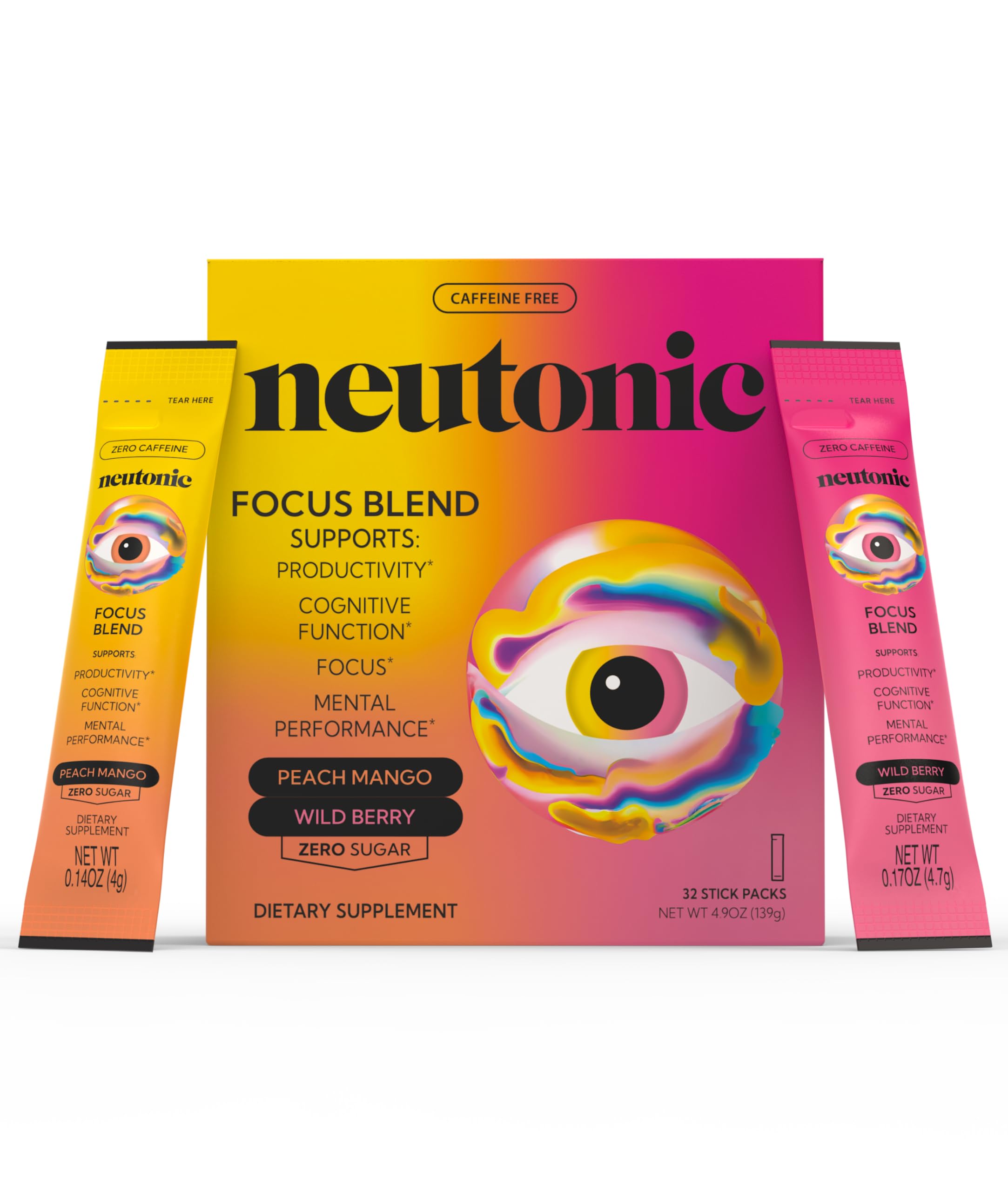 Neutonic Nootropic Focus Blend Powder | Peach Mango & Wild Berry 32 Sticks | Caffeine Free, Zero Sugar | Support Memory, Mental Clarity, Cognitive Function | Boost Focus, Energy, Brain Health NeutonicAu supplements