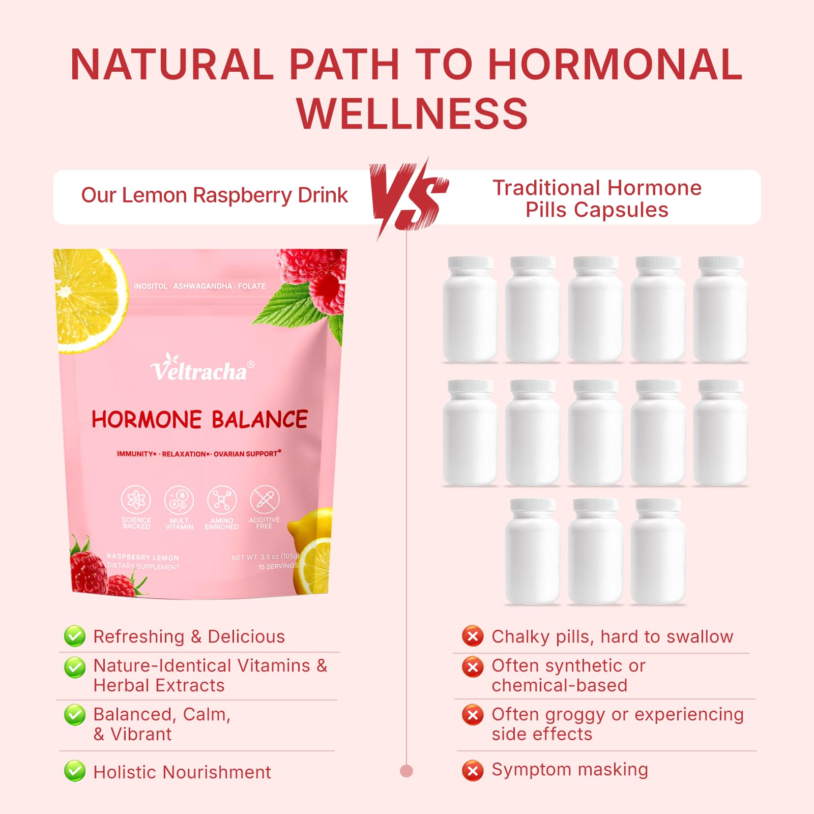 Veltracha Hormone Balance for Women, Myo & D-Chiro Inositol Powder with Folate & Amino Acid & Ashwagandha - Ovarian Support, Mood Regulation & PMS Relief, Raspberry Lemon, 15 Servings VeltrachaAu supplements