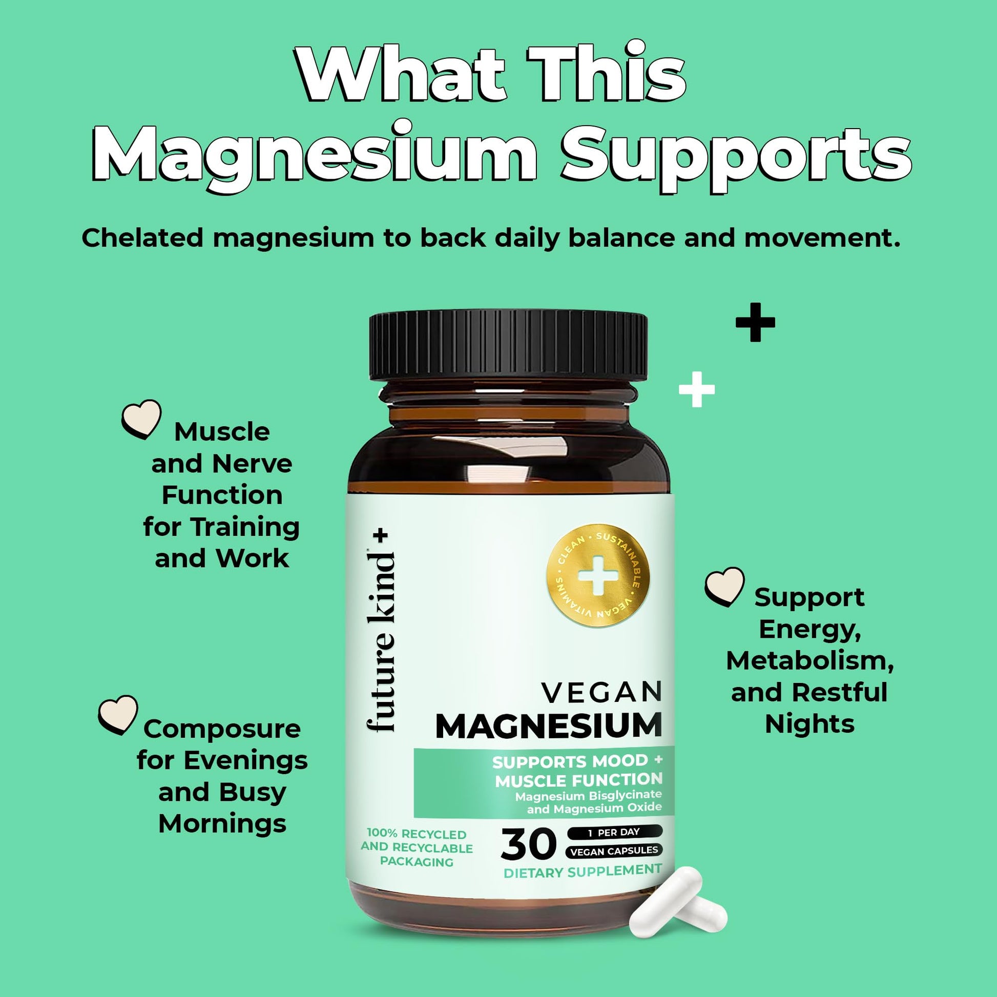 Future Kind Magnesium Glycinate, Supports Muscle and Nerve Function, High Absorption Chelated Magnesium Supplement, Nightly Calm, Energy & Metabolism, Highly Bioavailable & Potent - 30 Vegan Capsules Future KindAu supplements