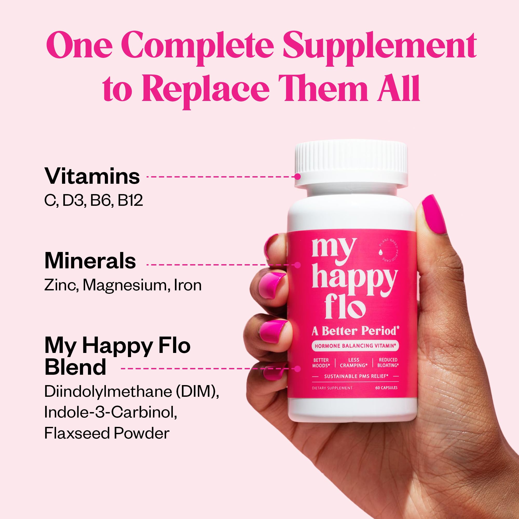 My Happy Flo PMS Support Supplement for Women with Iron, PMS Relief Hormone Support for Women, 10-in-1 PMDD Supplements for Women | DIM & I3C Indole-3-Carbinol for Cramp Relief, Heavy Flow - 60 Caps My Happy FloAu supplements