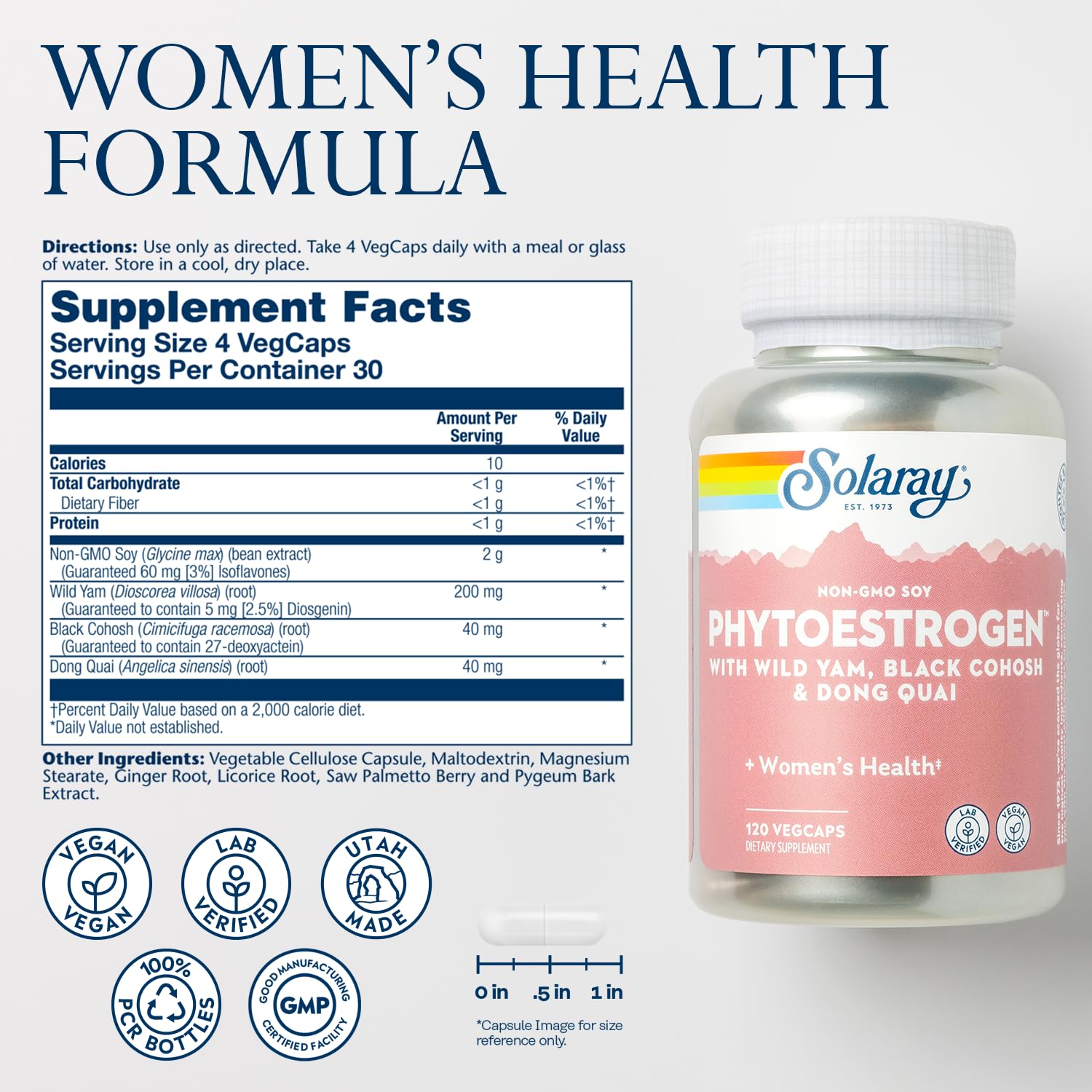 SOLARAY PhytoEstrogen Menopause Supplements - Wild Yam, Black Cohosh, and Dong Quai Estrogen Pills for Women's Health - Vegan, Lab Verified, 60-Day Guarantee (30 Servings, 120 VegCaps) SOLARAYAu supplements