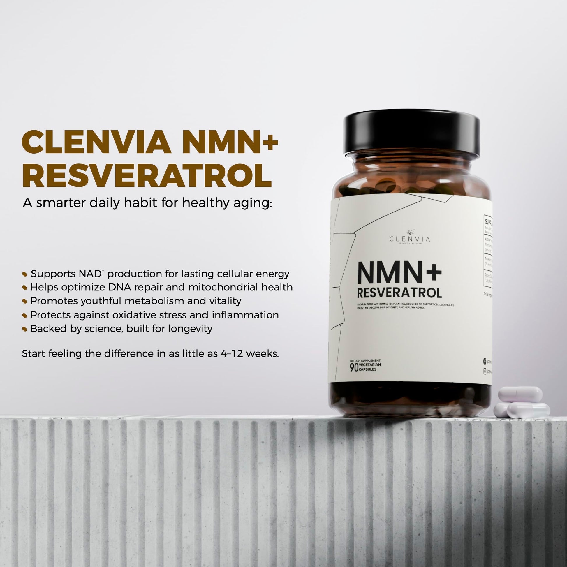 CLENVIA Premium NMN Supplement with Resveratrol – High Potency NAD+ Support Formula – >99.7% Purity – Third-Party Tested – Made in USA – 500mg Nicotinamide + 100mg Resveratrol – 90 Capsules CLENVIAAu supplements
