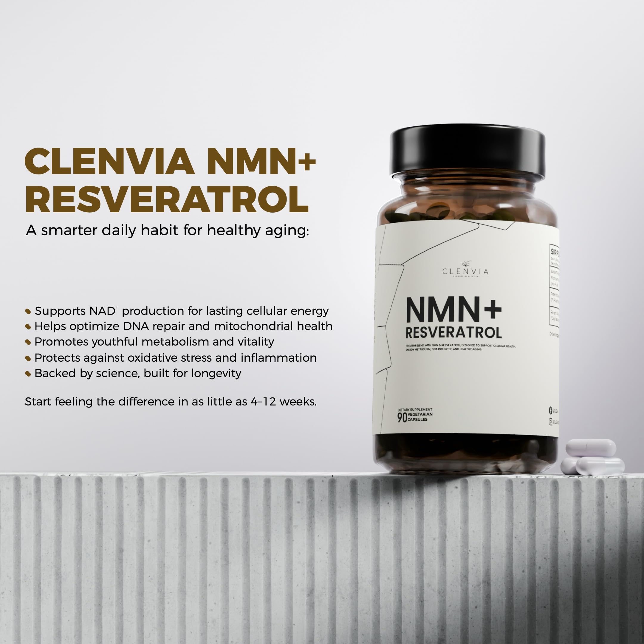CLENVIA Premium NMN Supplement with Resveratrol – High Potency NAD+ Support Formula – >99.7% Purity – Third-Party Tested – Made in USA – 500mg Nicotinamide + 100mg Resveratrol – 90 Capsules CLENVIAAu supplements
