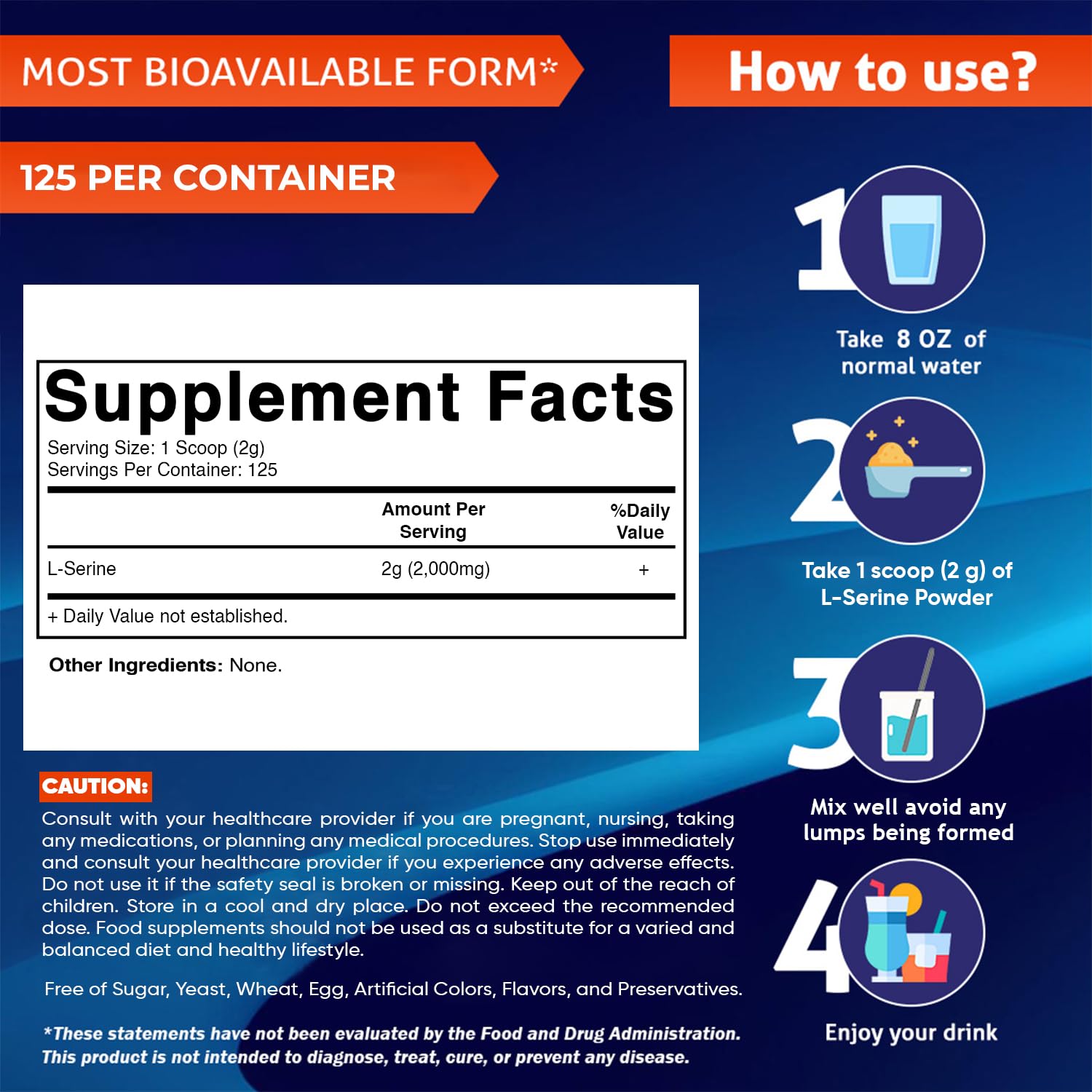 Vitamatic L-Serine Pure Powder 250 Gram | 2000 mg per Serving | 125 Servings | Unflavored | No Additives | Free of Soy, Eggs, Fish & Artificial Ingredients VitamaticAu supplements