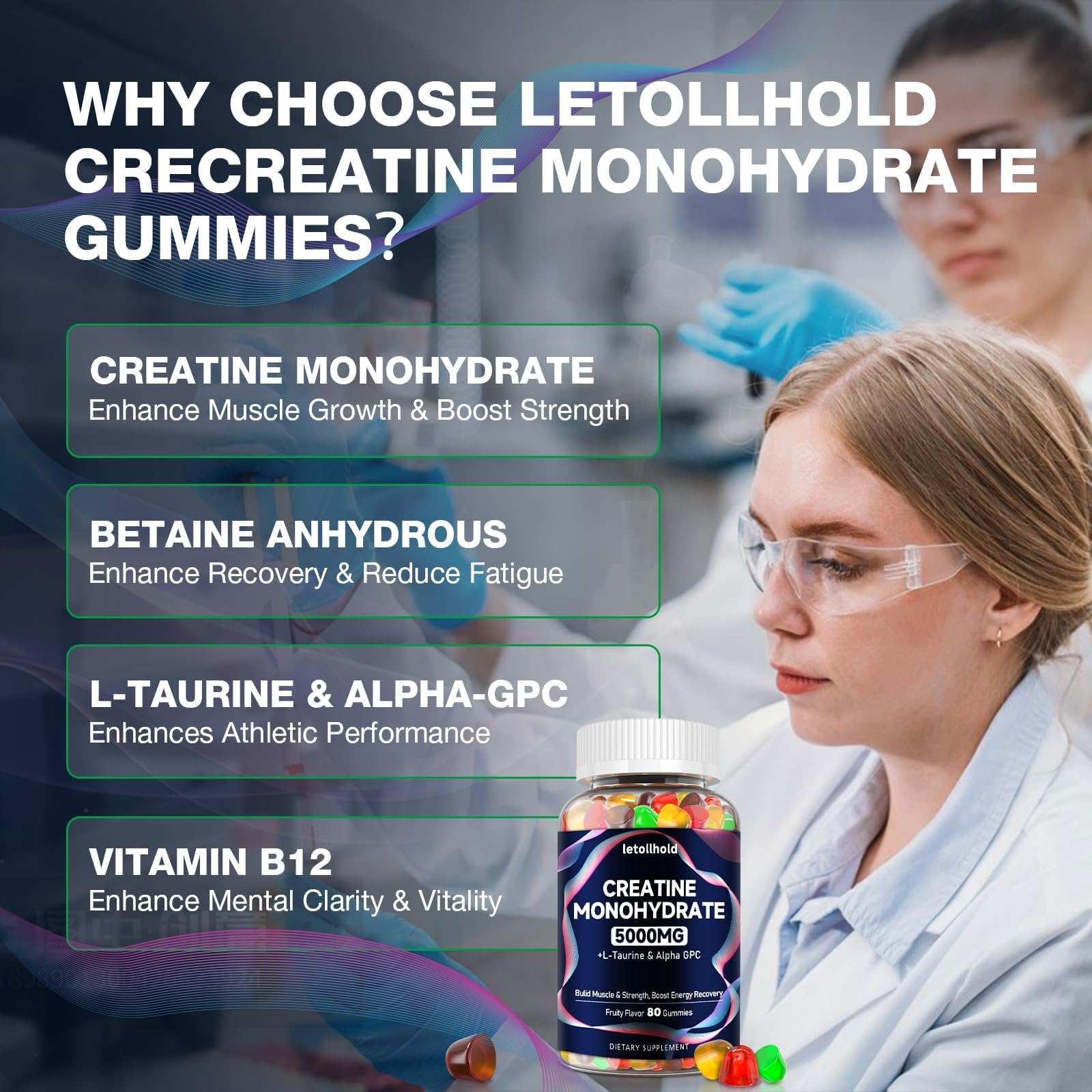 Creatine Monohydrate Gummies 5g for Women & Men - Creatine Gummies for Women Pre Workout Chewables with L-Taurine & Alpha GPC, Sugar-Free Muscle Builder, Energy Boost, Vegan Non-GMO (160 Count) letollholdAu supplements