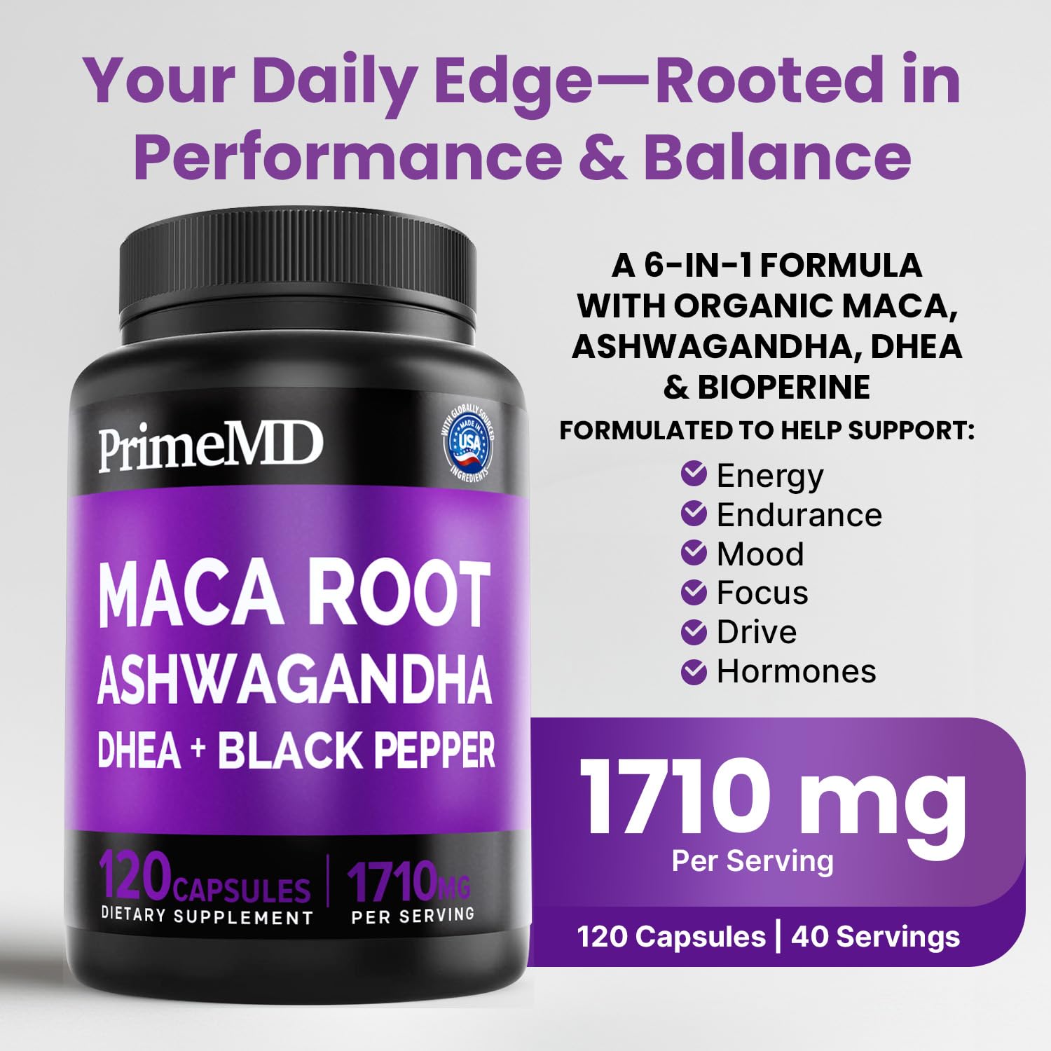 6-in-1 Organic Maca Root Ashwagandha Capsules 1710mg with DHEA and Black Pepper Fruit Extract for Women and Men - Black Maca Supplement for Stamina, Bone and Mood Support Supplement, 120ct (Pack of 3) PrimeMDAu supplements