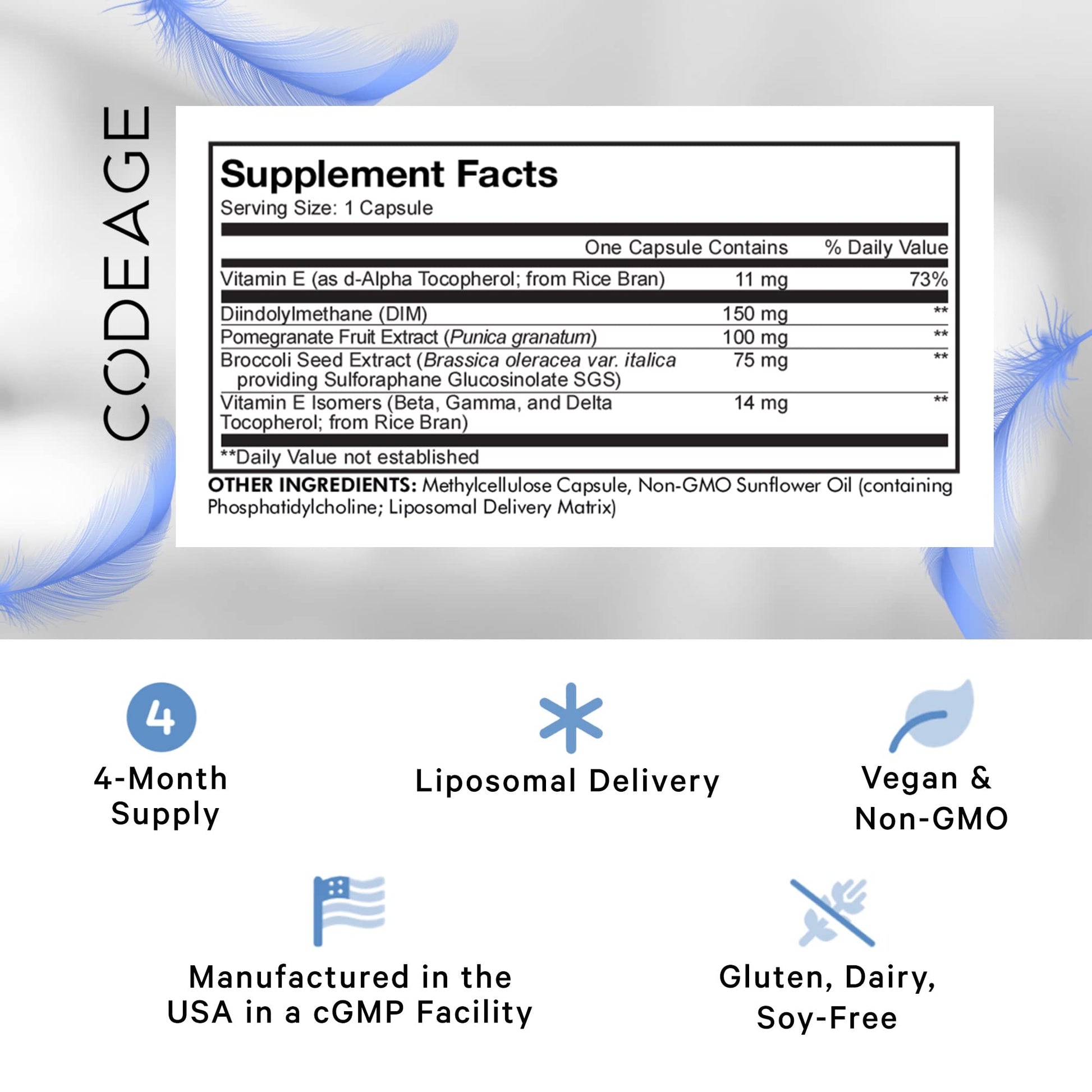 Codeage Liposomal DIM Supplement - 4 Months Supply of DIM Vitamins and SGS, Pomegranate, Broccoli, Vitamin E Isomers Tocopherols Alpha Beta Gamma Delta - Liposomal Formula - Gluten-Free - 120 Capsules CodeageAu supplements