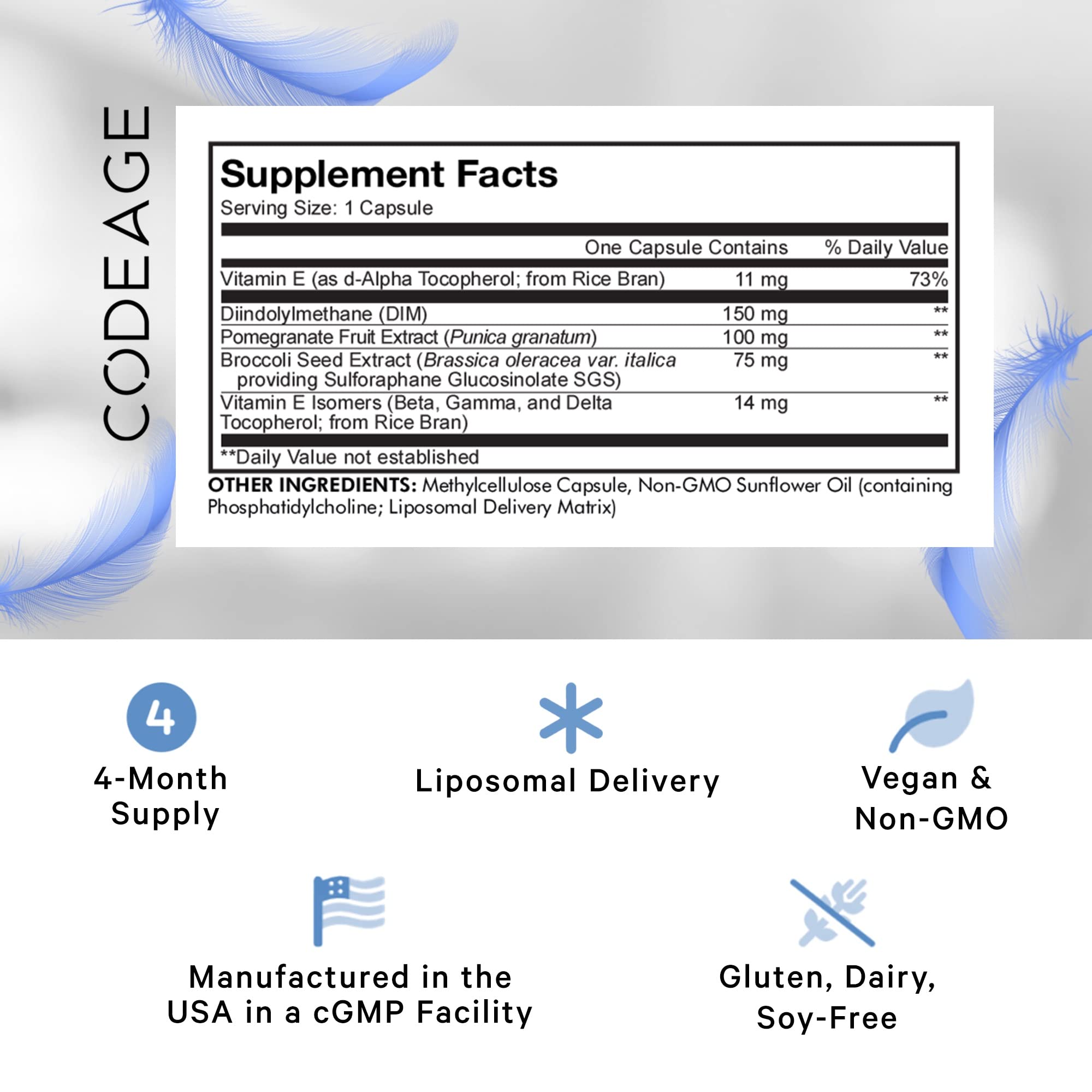 Codeage Liposomal DIM Supplement - 4 Months Supply of DIM Vitamins and SGS, Pomegranate, Broccoli, Vitamin E Isomers Tocopherols Alpha Beta Gamma Delta - Liposomal Formula - Gluten-Free - 120 Capsules CodeageAu supplements