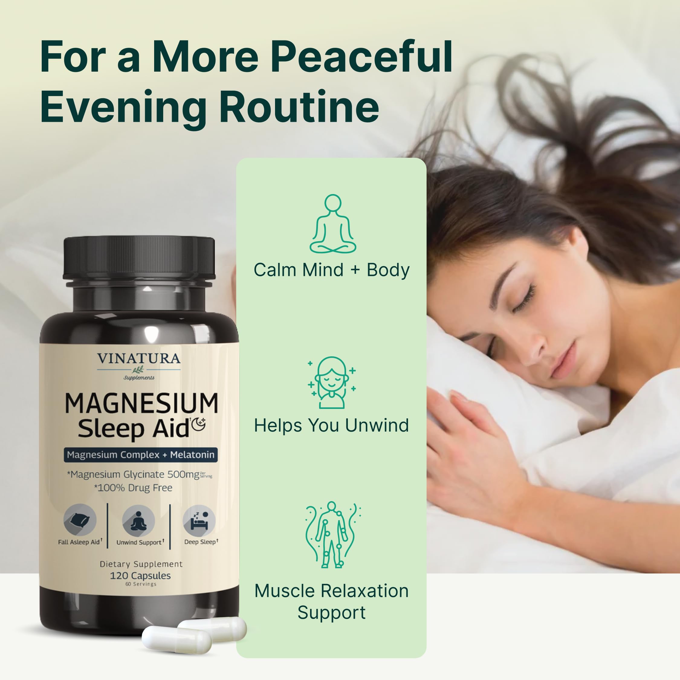 Magnesium Sleep Aid - Magnesium Glycinate Complex for Sleep with Melatonin Supplement - Glycinate 500mg, L-Theanine - 120 Capsules VINATURAAu supplements