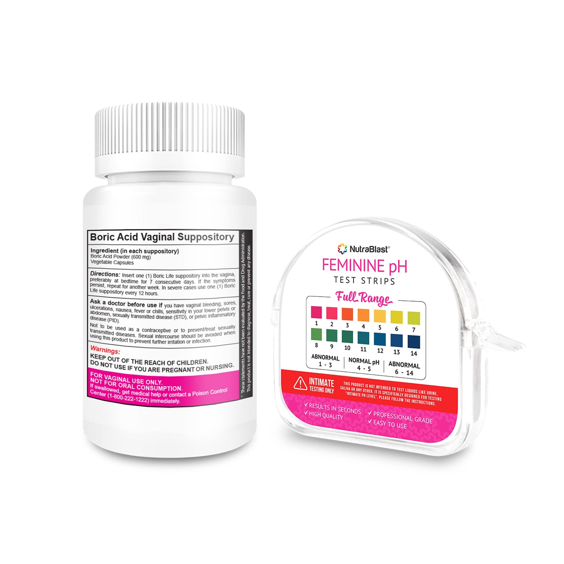 NutraBlast Boric Acid Vaginal Suppositories 600mg (30 Count) & Feminine pH Test Strips 1-14 (100-Tests Roll) NutraBlastAu supplements