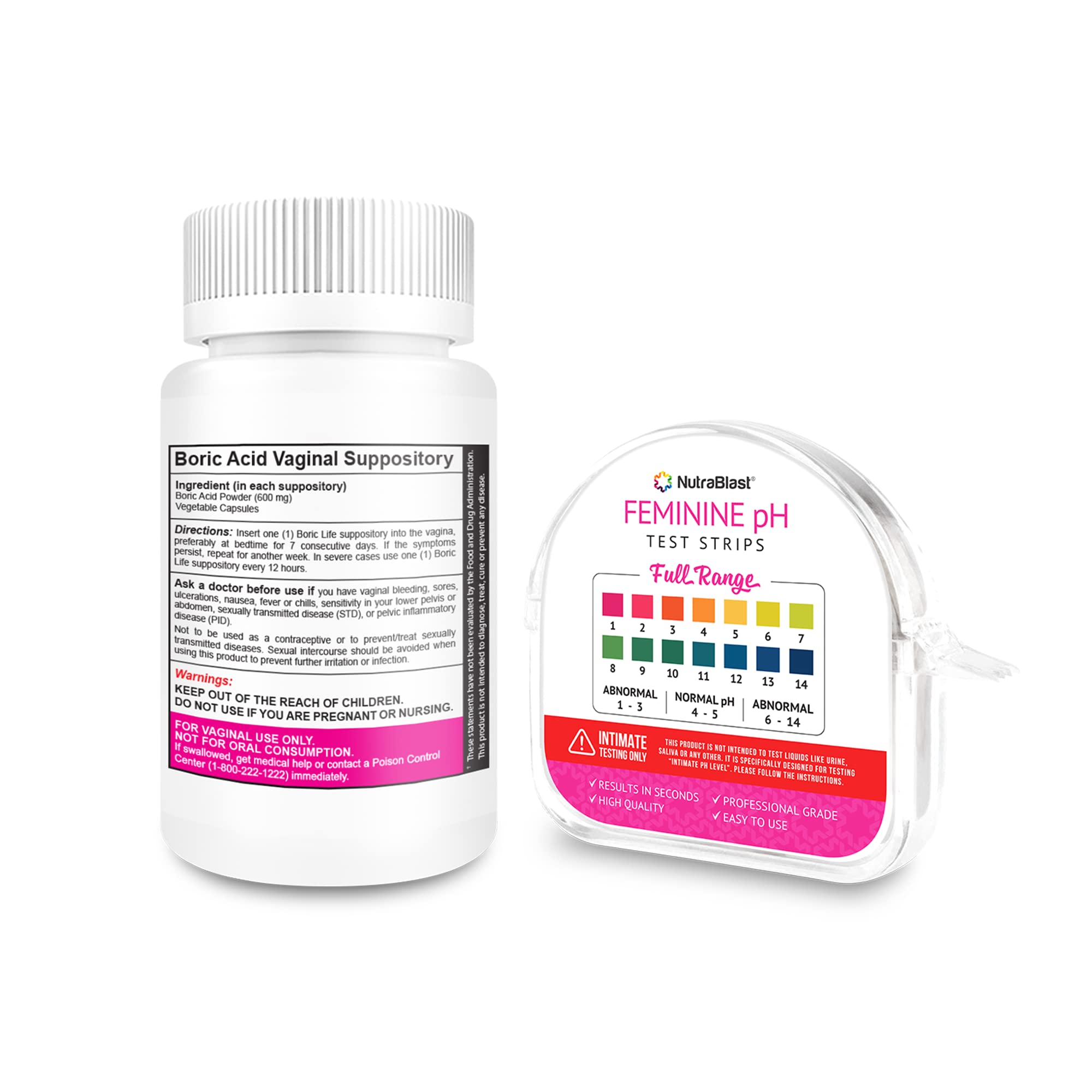 NutraBlast Boric Acid Vaginal Suppositories 600mg (30 Count) & Feminine pH Test Strips 1-14 (100-Tests Roll) NutraBlastAu supplements