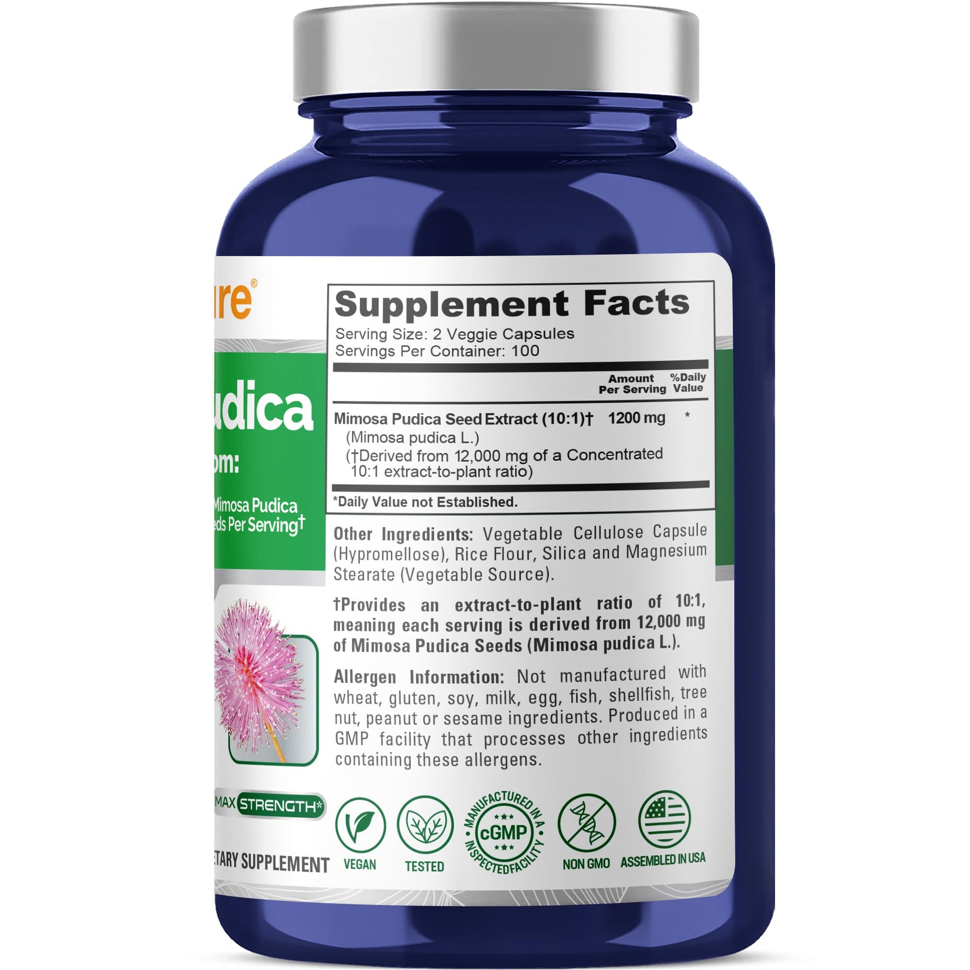 NusaPure Mimosa Pudica Seed 10:1 Extract, 1200 mg Equivalent to 12,000 mg 200 Veg Capsules (Non-GMO, Vegan) NusaPureAu supplements