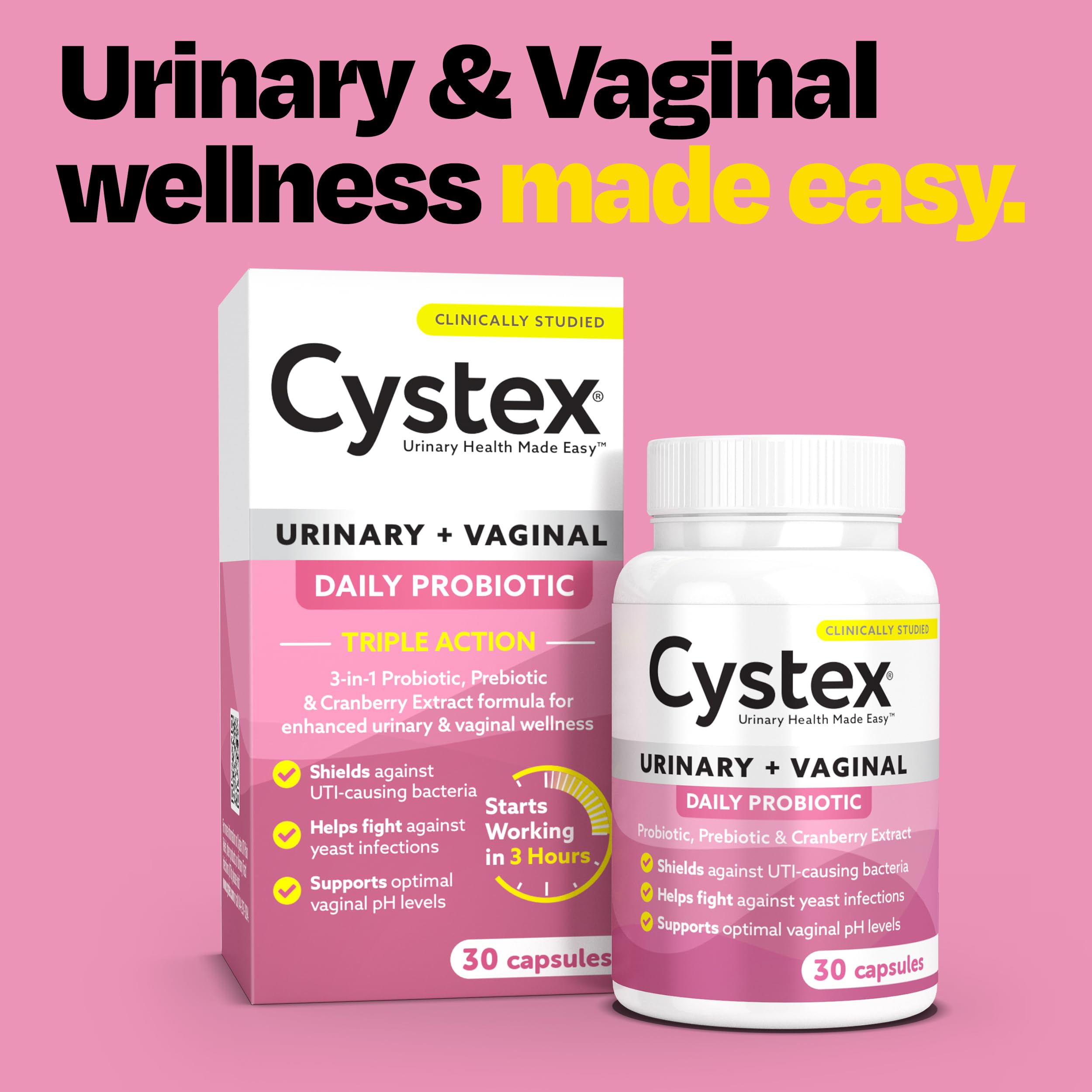 Cystex 3-in-1 Urinary Tract Probiotic for Women - Fast-Acting UTI & Yeast Infection Support with Prebiotics, Probiotics, & Cranberry - Supports Vaginal pH & Flora Balance - 30 Capsules CystexAu supplements