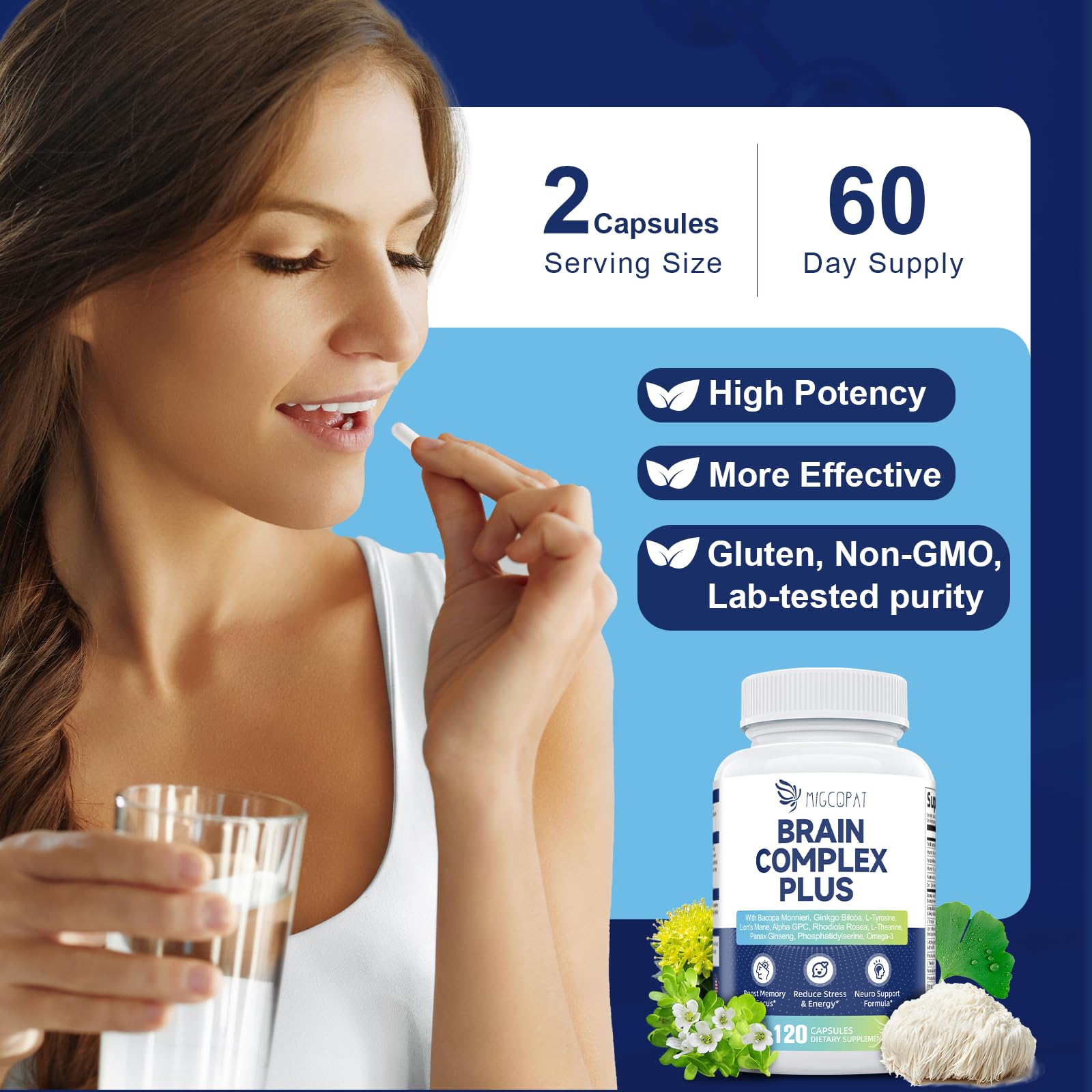 Brain Supplements for Memory & Focus - Nootropic with Bacopa Monnieri, Lion's Mane, Alpha GPC, Phosphatidylserine | Supports Mental Clarity & Cognitive Function | Vitamin B6 & B12-120 Capsules MigcopatAu supplements