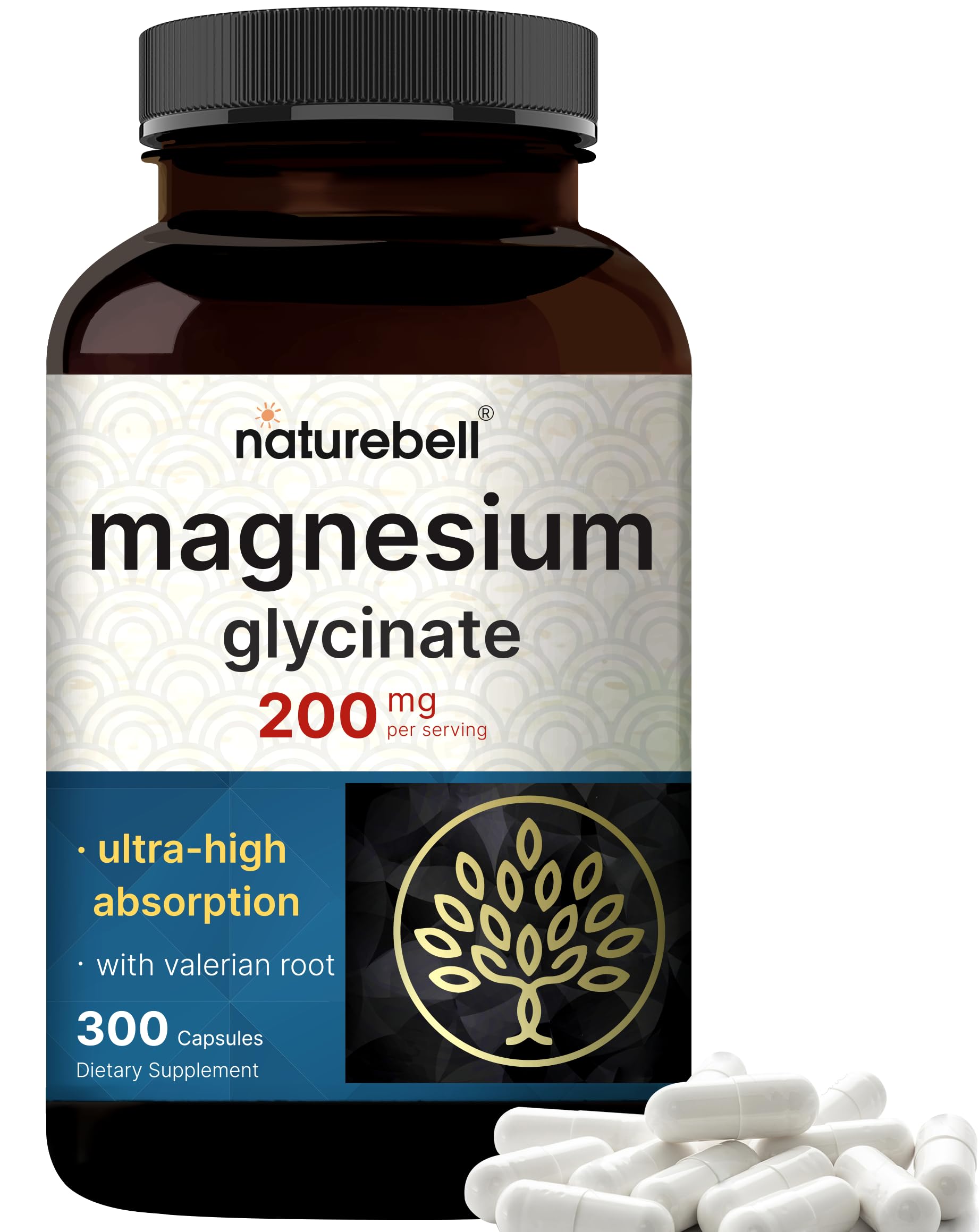 Pure Magnesium Glycinate for Sleep, 200mg with Valerian Root, 300 Capsules | 100% Chelated & Purified Mineral Supplement – Ultra High Absorption – Non-GMO, Gluten Free NatureBellAu supplements
