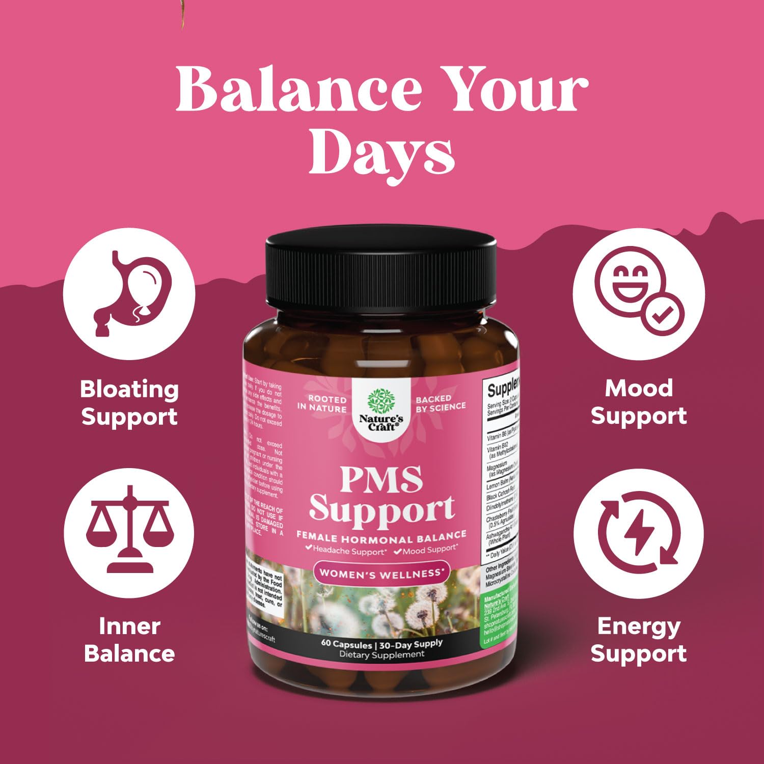 PMS Support Supplement for Women – Hormone Balance for Women & Menstrual Discomfort with DIM, Chasteberry, Black Cohosh & Ashwagandha - for Period Cramps Ease, Menopause Bloating, Mood Swing – 60 Ct Natures CraftAu supplements