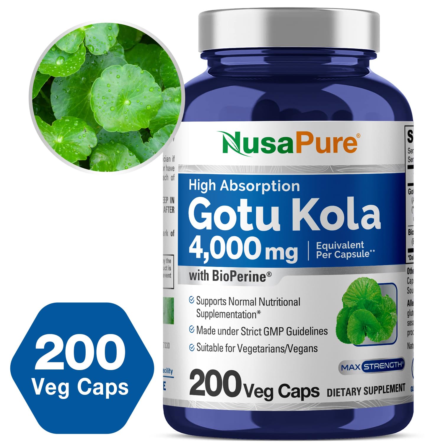 NusaPure Gotu Kola Capsules 20:1 Extract, 200 mg Equivalent to 4000mg Per Veggie Caps, 200 Count, Non-GMO, Vegan, Bioperine - Traditional Herb Extract NusaPureAu supplements