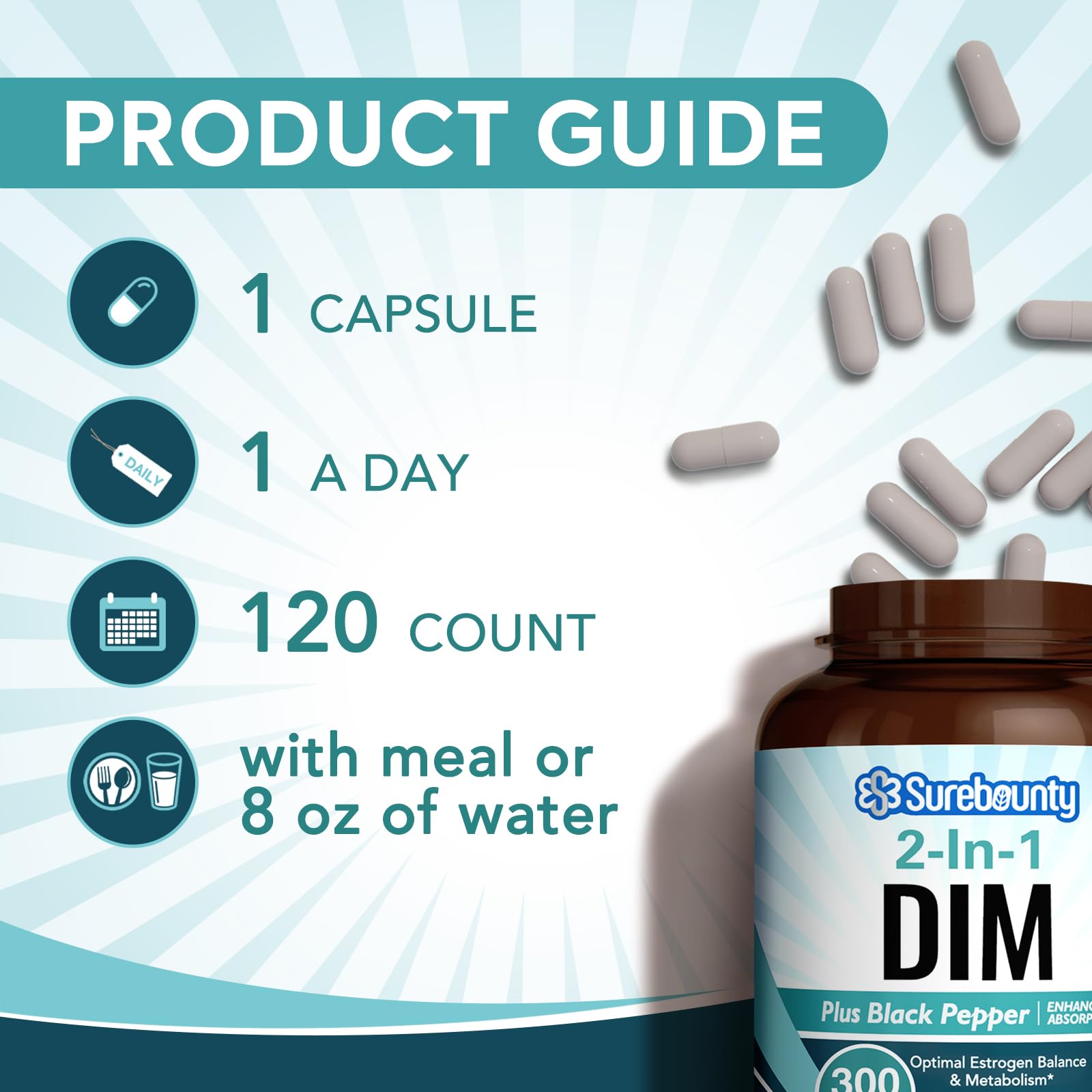 Surebounty DIM Supplement 300mg for Women & Men, Estrogen Balance & Metabolism, Hormone Balance, Menopause Support, Energy Maintainence, High Absorption with Black Pepper Extract, 120 Caps SurebountyAu supplements